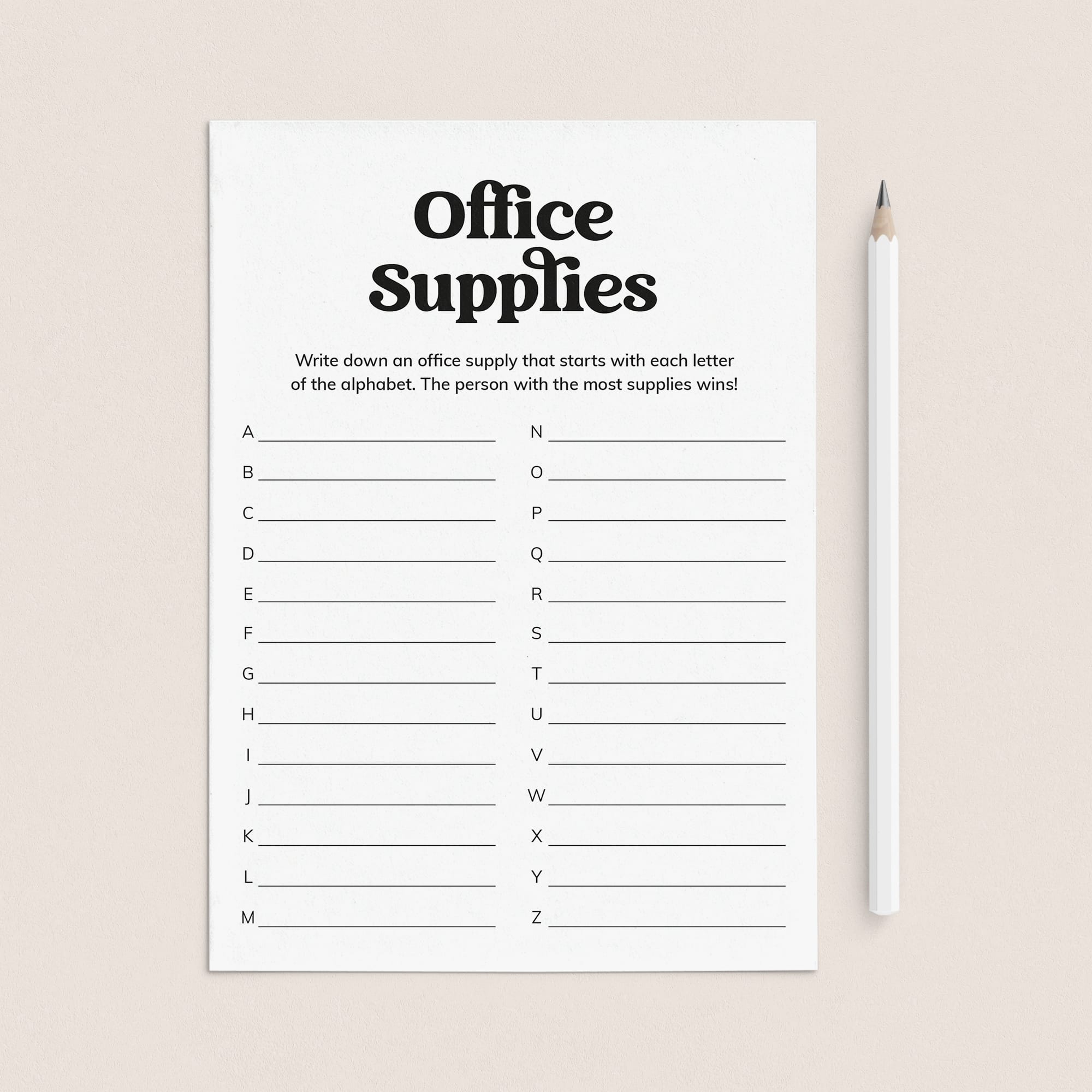 Easy Work Party Game Office Supplies A-Z Printable by LittleSizzle