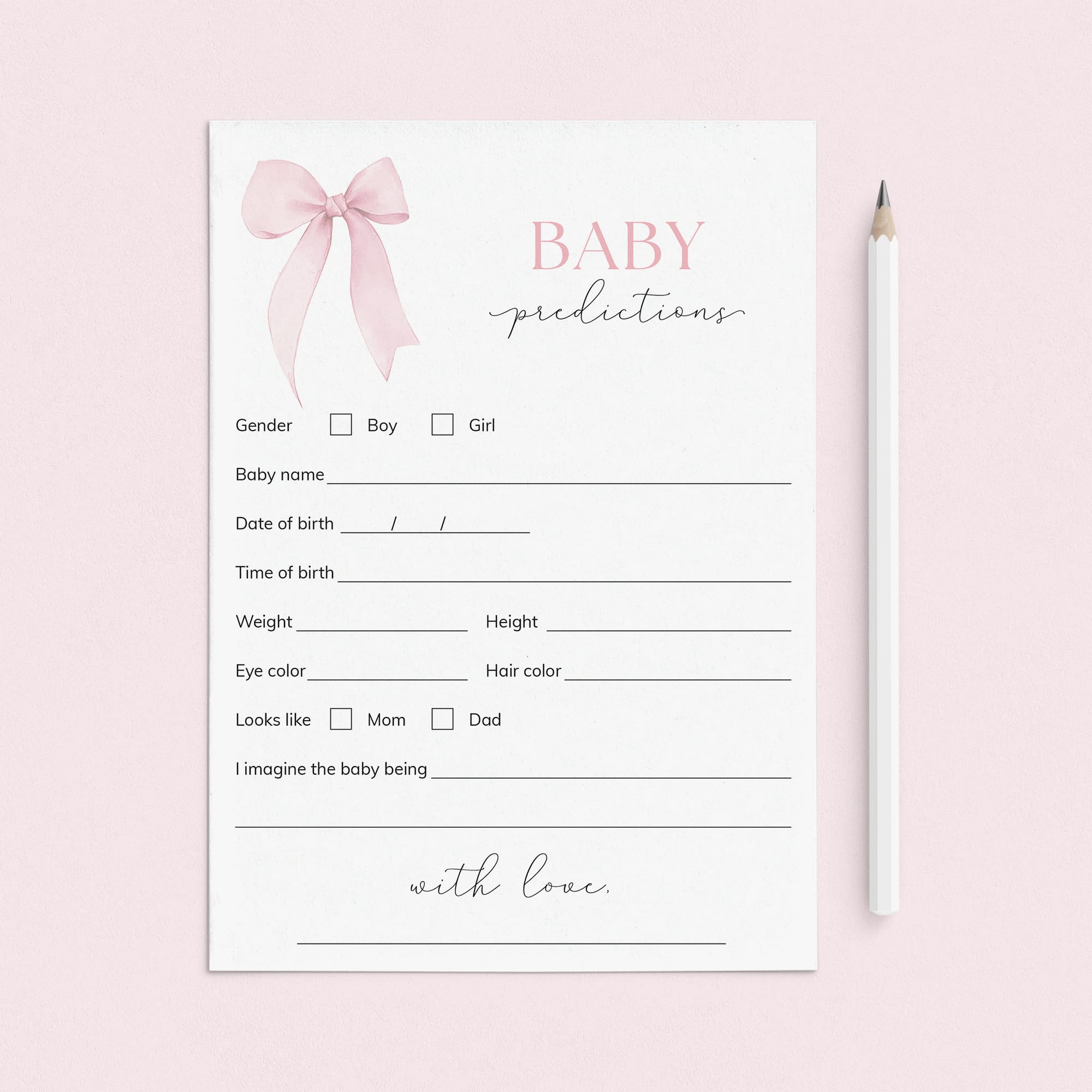 Pink Coquette Baby Shower Predictions Cards Printable by LittleSizzle