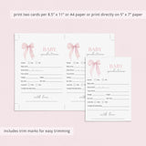 Pink Coquette Baby Shower Predictions Cards Printable