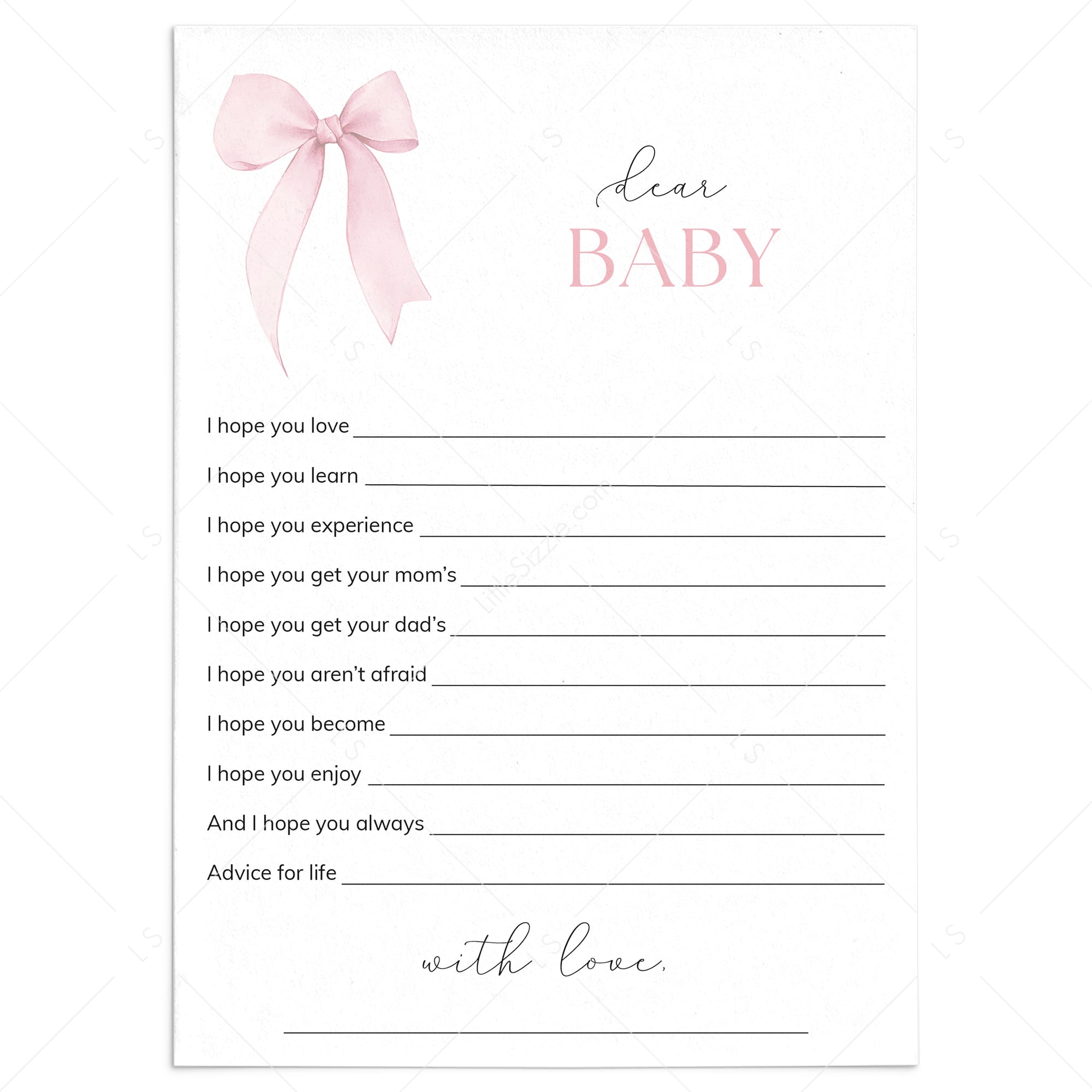 Pink Bow Wishes for Baby Cards Printable by LittleSizzle