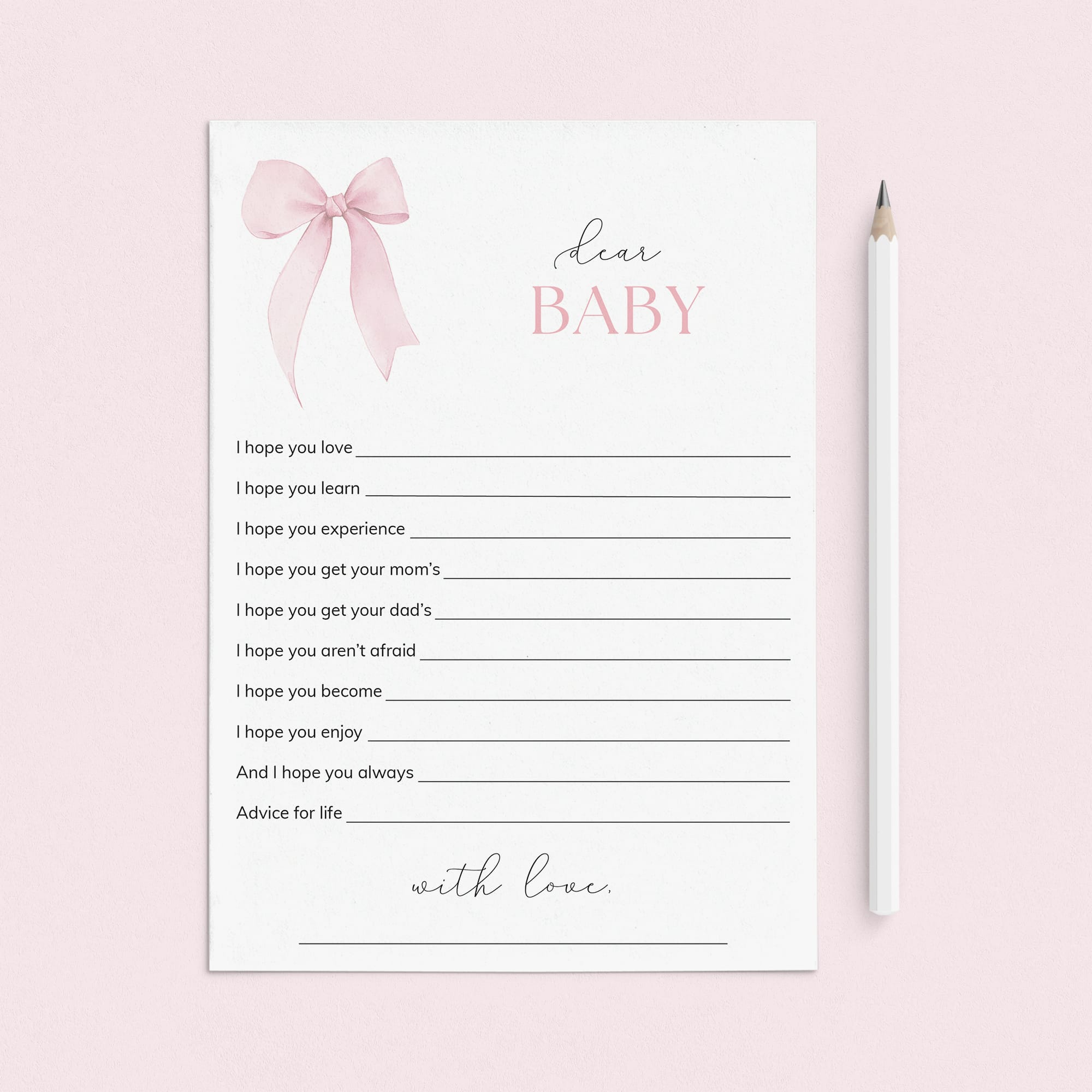 Pink Bow Wishes for Baby Cards Printable by LittleSizzle