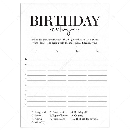 Mens Birthday Party Game Scattergories Printable by LittleSizzle