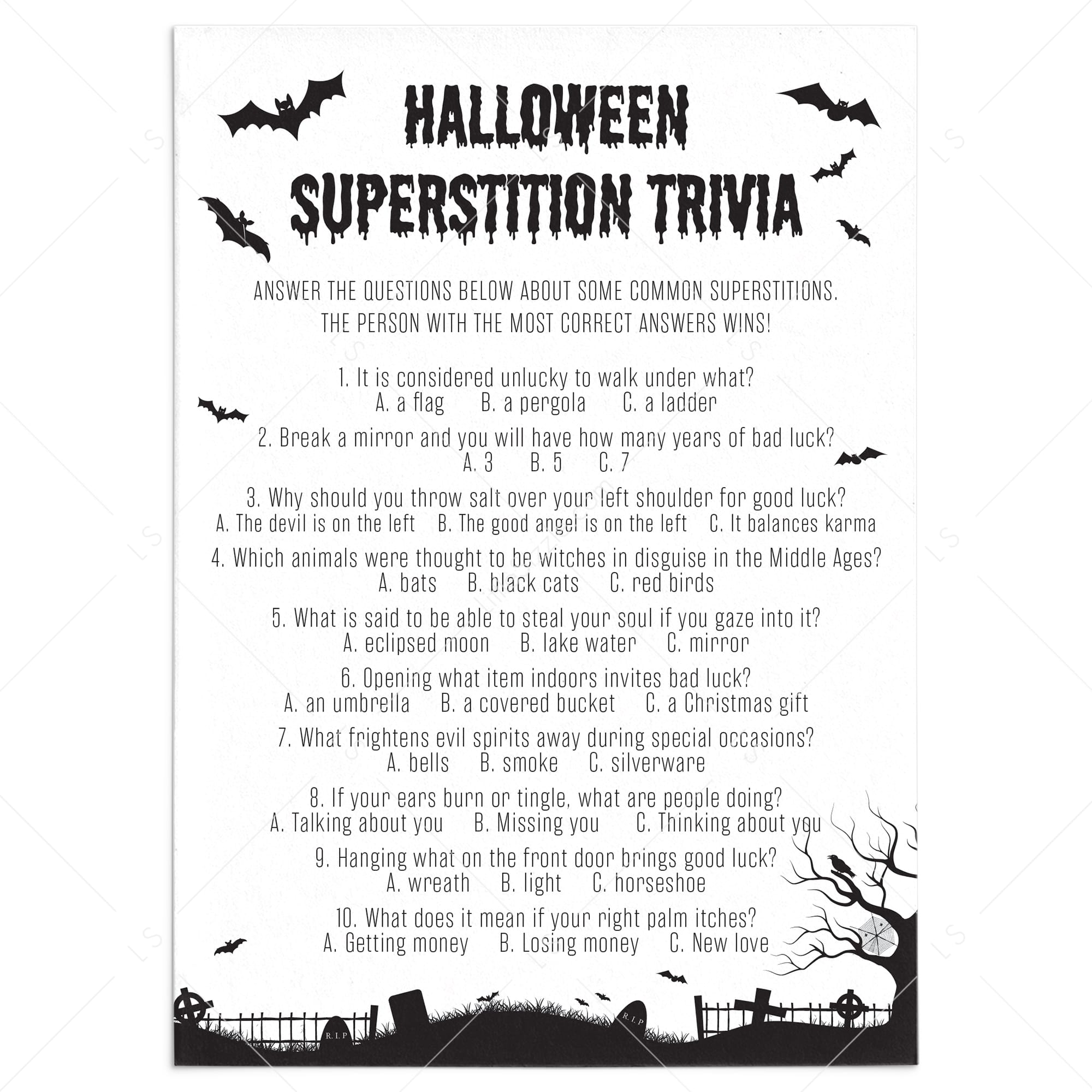 Black Halloween Trivia Quiz Questions and Answers Printable by LittleSizzle