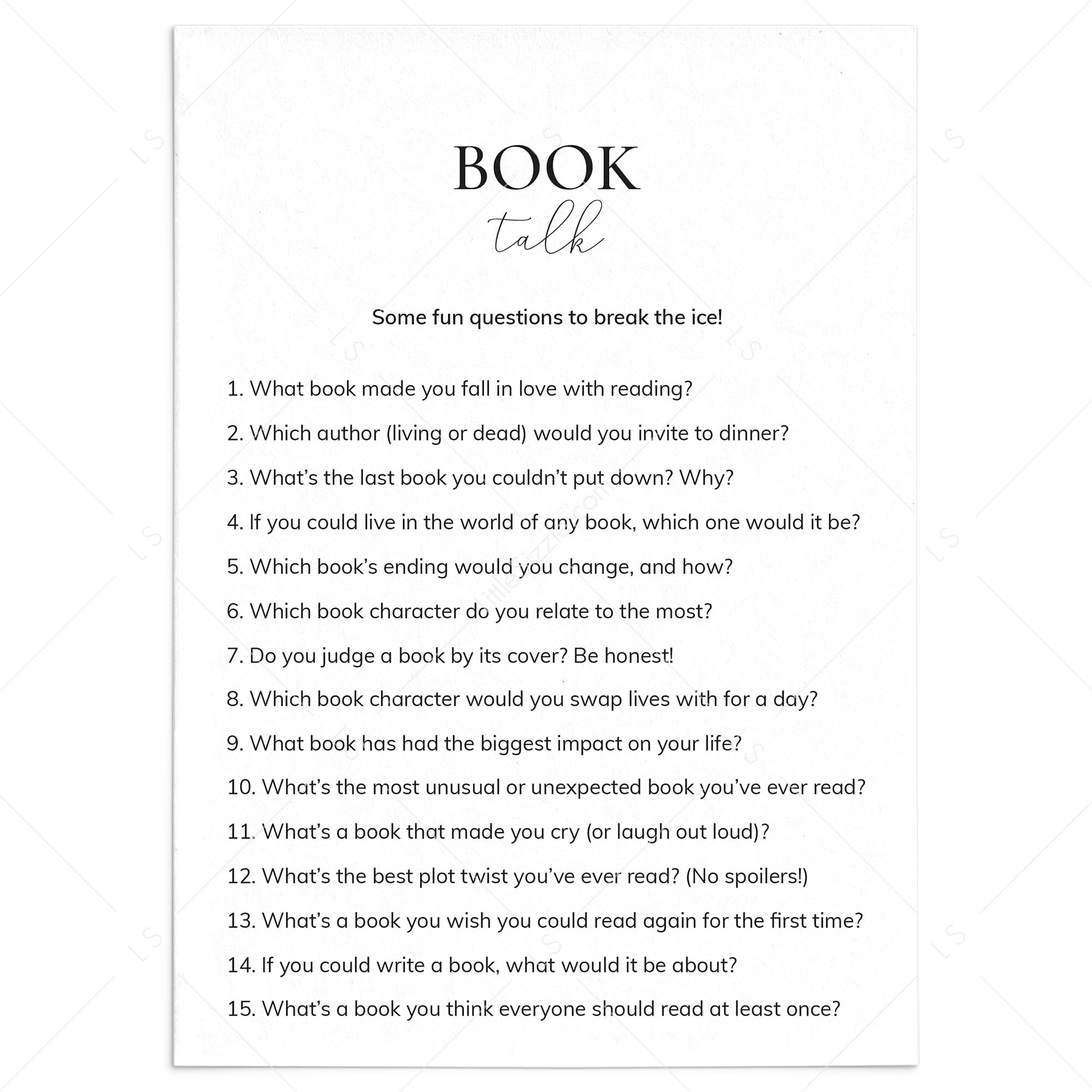 Book Club Icebreaker Printable Book Talk Questions by LittleSizzle