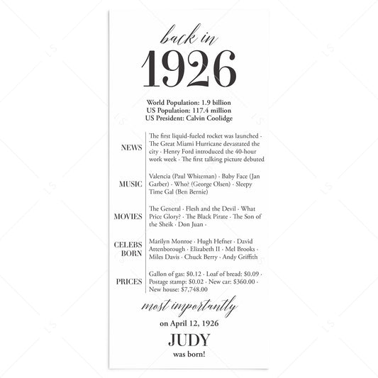 100th Birthday Party Decorations Back in 1926 Table Card by LittleSizzle