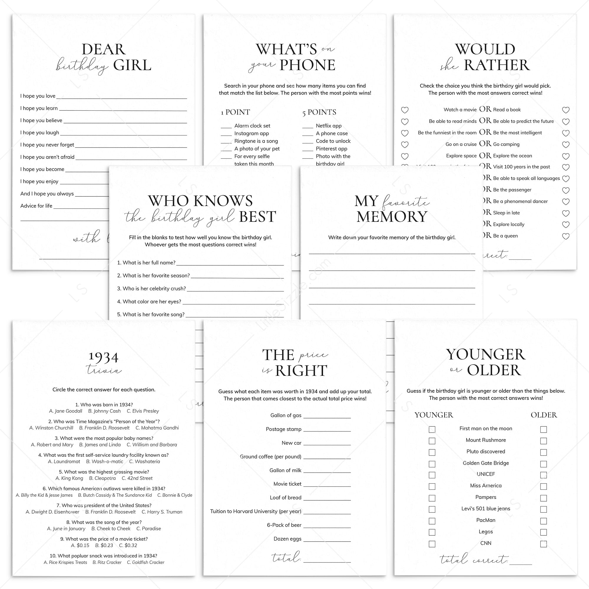Born in 1934 Birthday Games for Her Printable by LittleSizzle