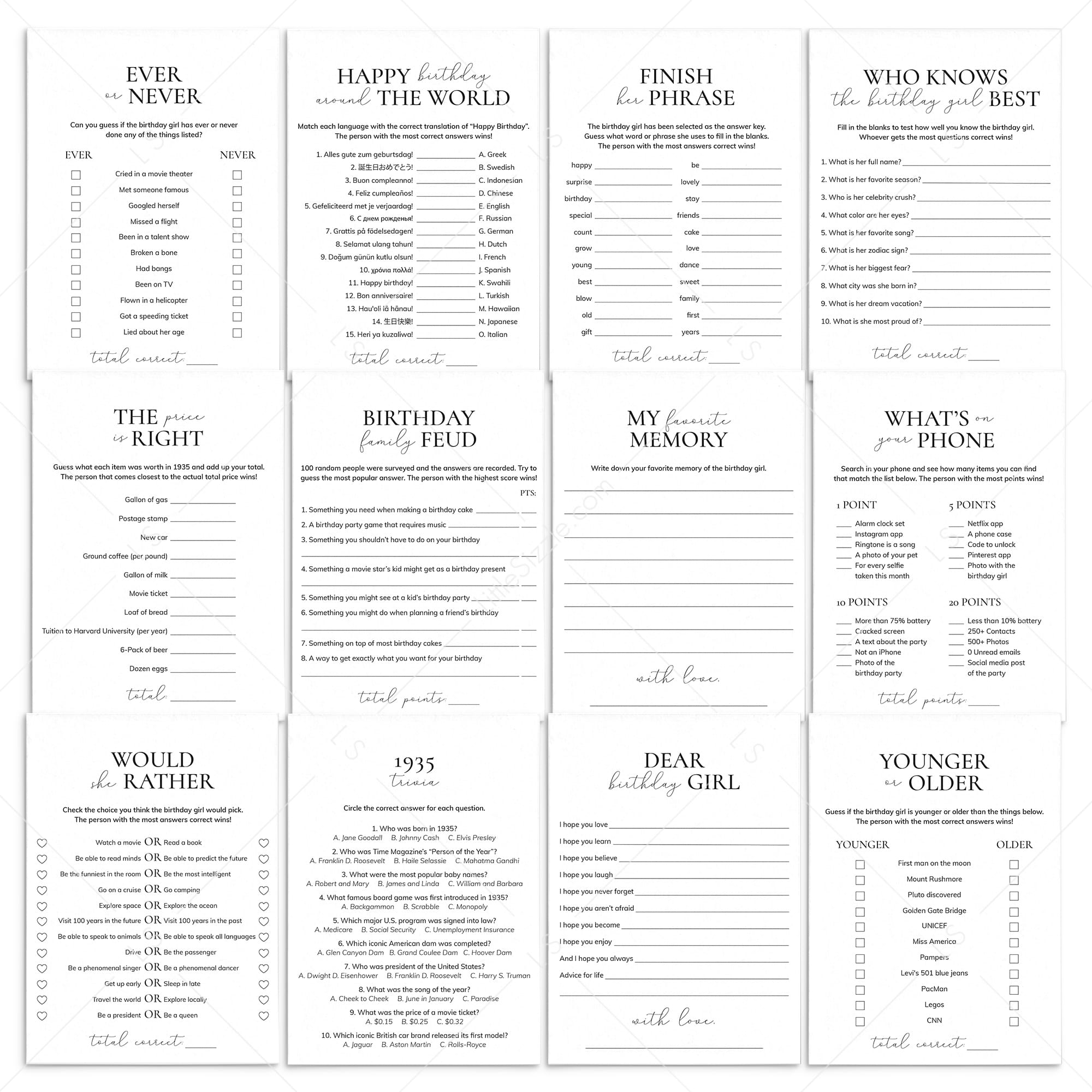 Printable 90th Birthday Games for Her Born in 1935 by LittleSizzle