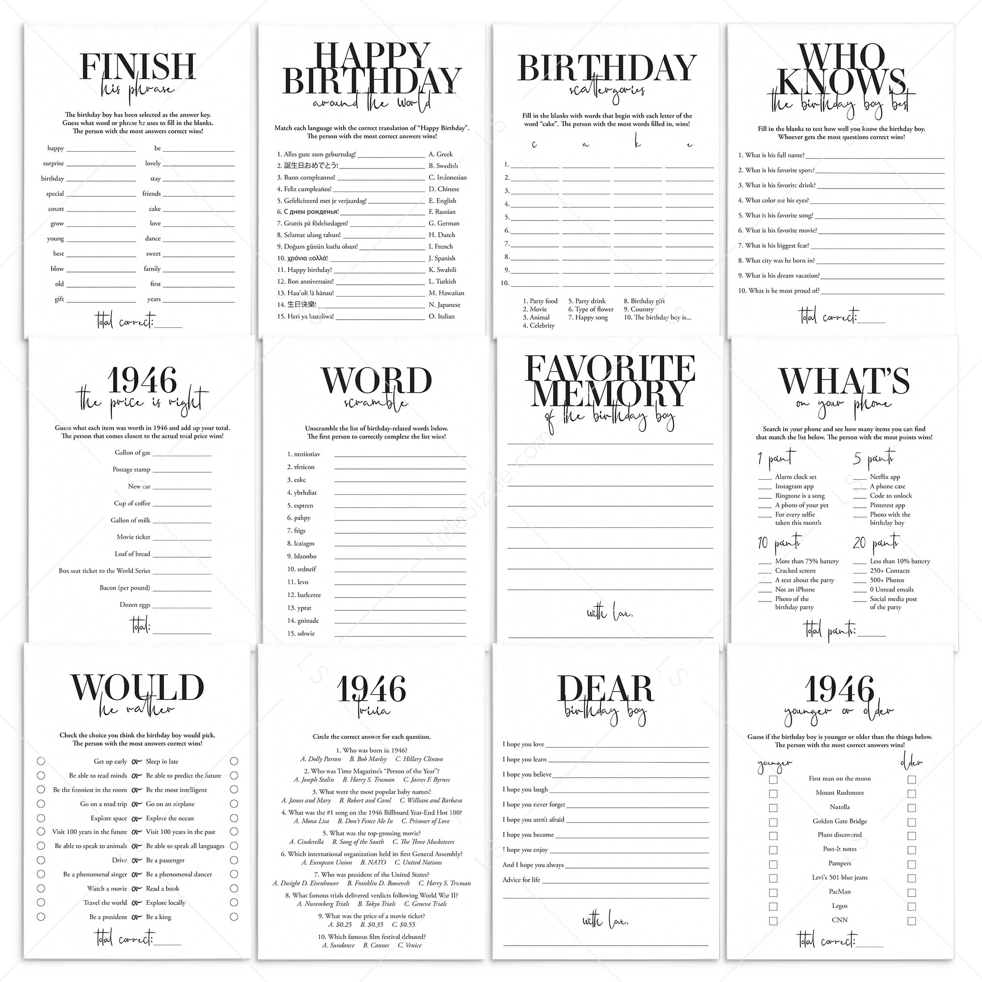 Born in 1946 80th Birthday Party Games Bundle For Men by LittleSizzle