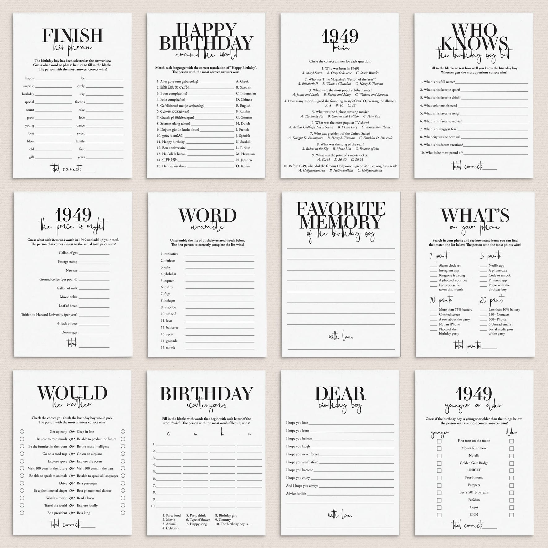 75th Birthday Games for Him Printable | Men's 75th Birthday Ideas ...