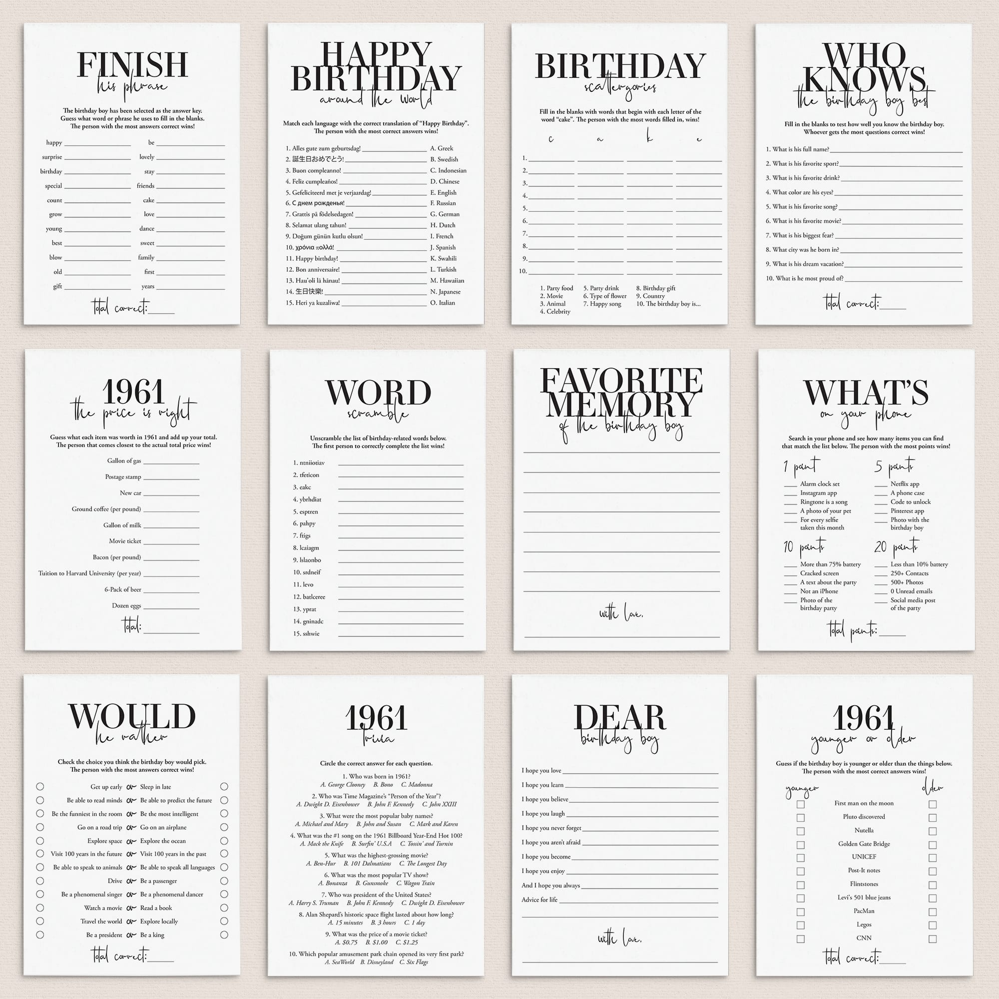 Born in 1961 65th Birthday Party Games Bundle For Men by LittleSizzle