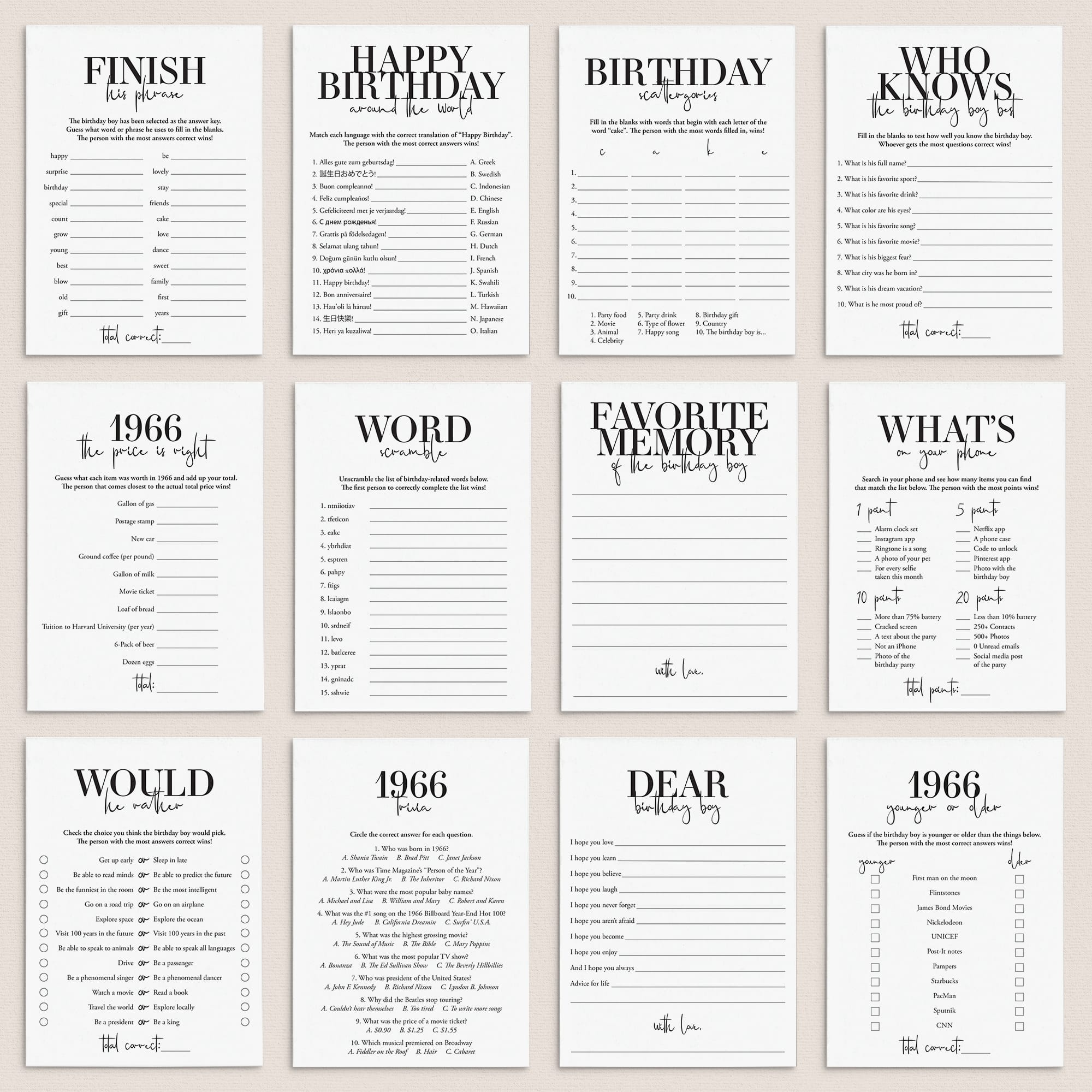 Born in 1966 60th Birthday Party Games Bundle For Men by LittleSizzle