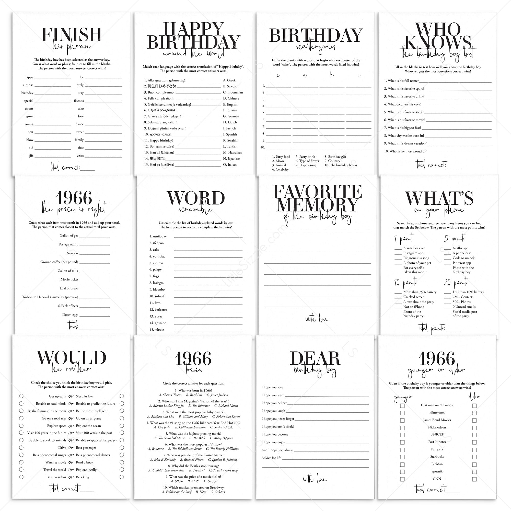 Born in 1966 60th Birthday Party Games Bundle For Men by LittleSizzle