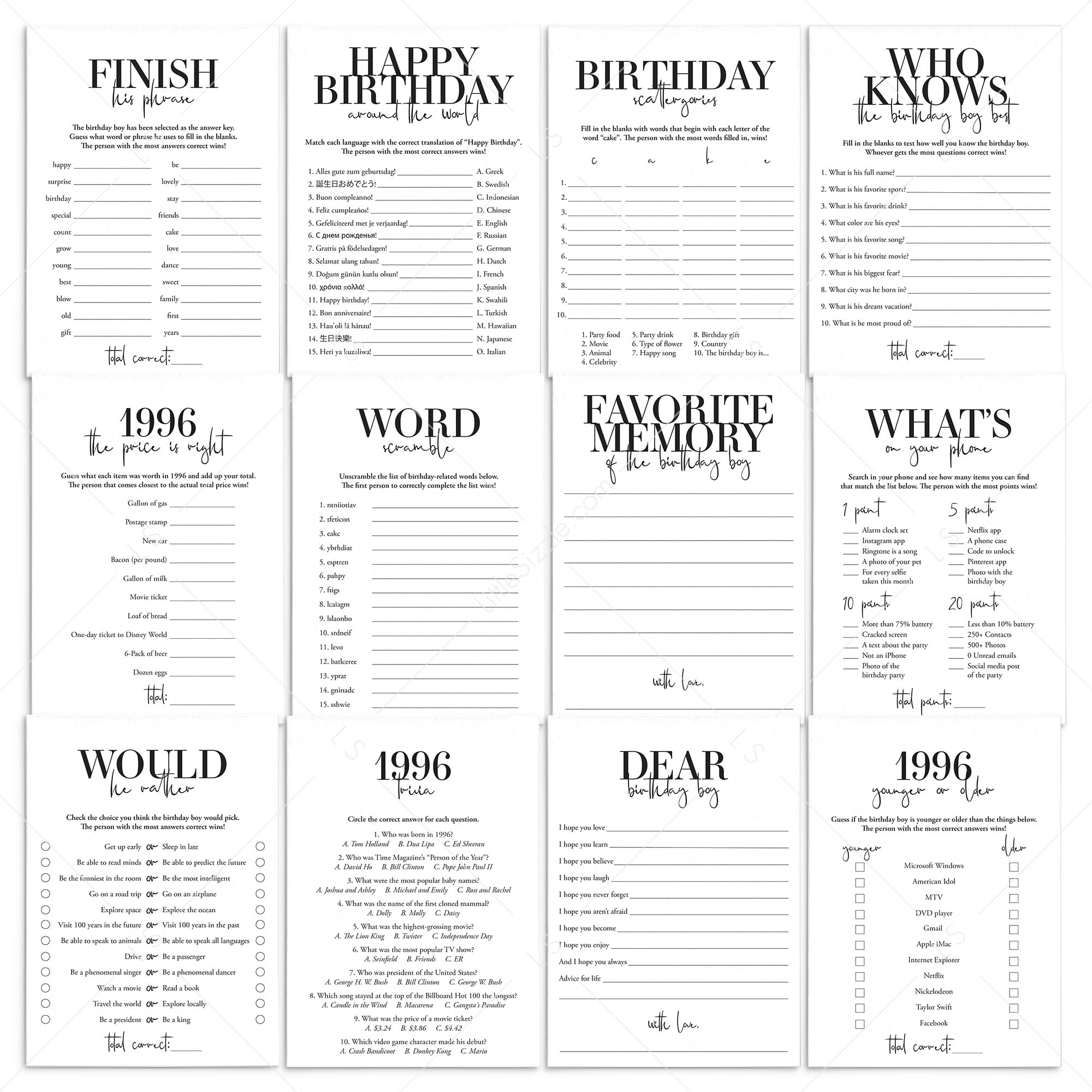 Born in 1996 30th Birthday Party Games Bundle For Men by LittleSizzle