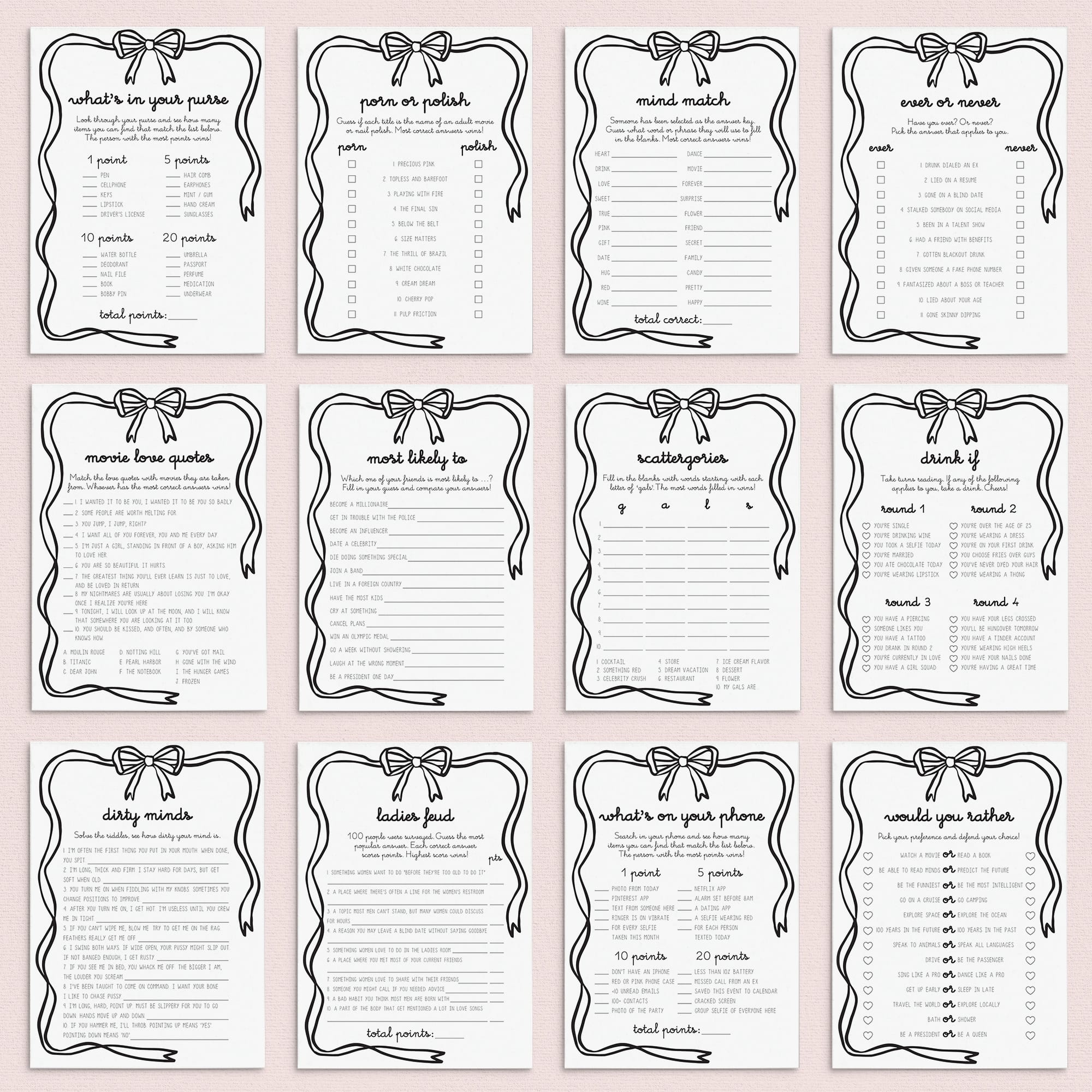 Ladies Night Games Bundle Printable Black Bow Theme by LittleSizzle