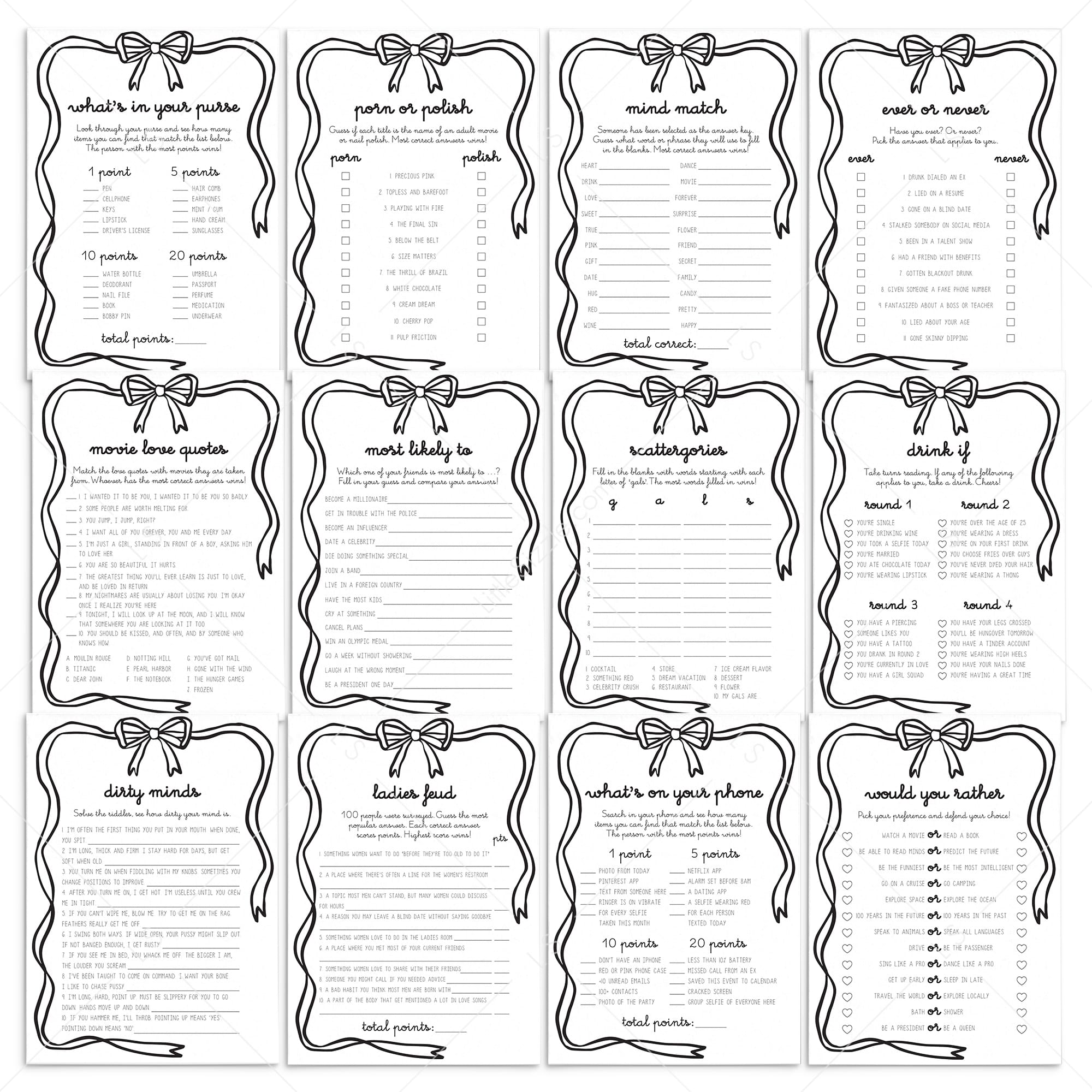 Ladies Night Games Bundle Printable Black Bow Theme by LittleSizzle