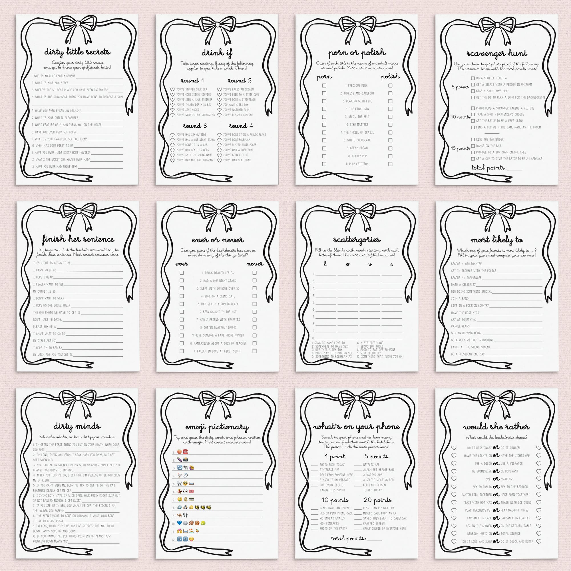 Bow Bachelorette Games Printable Black Wavy Border by LittleSizzle