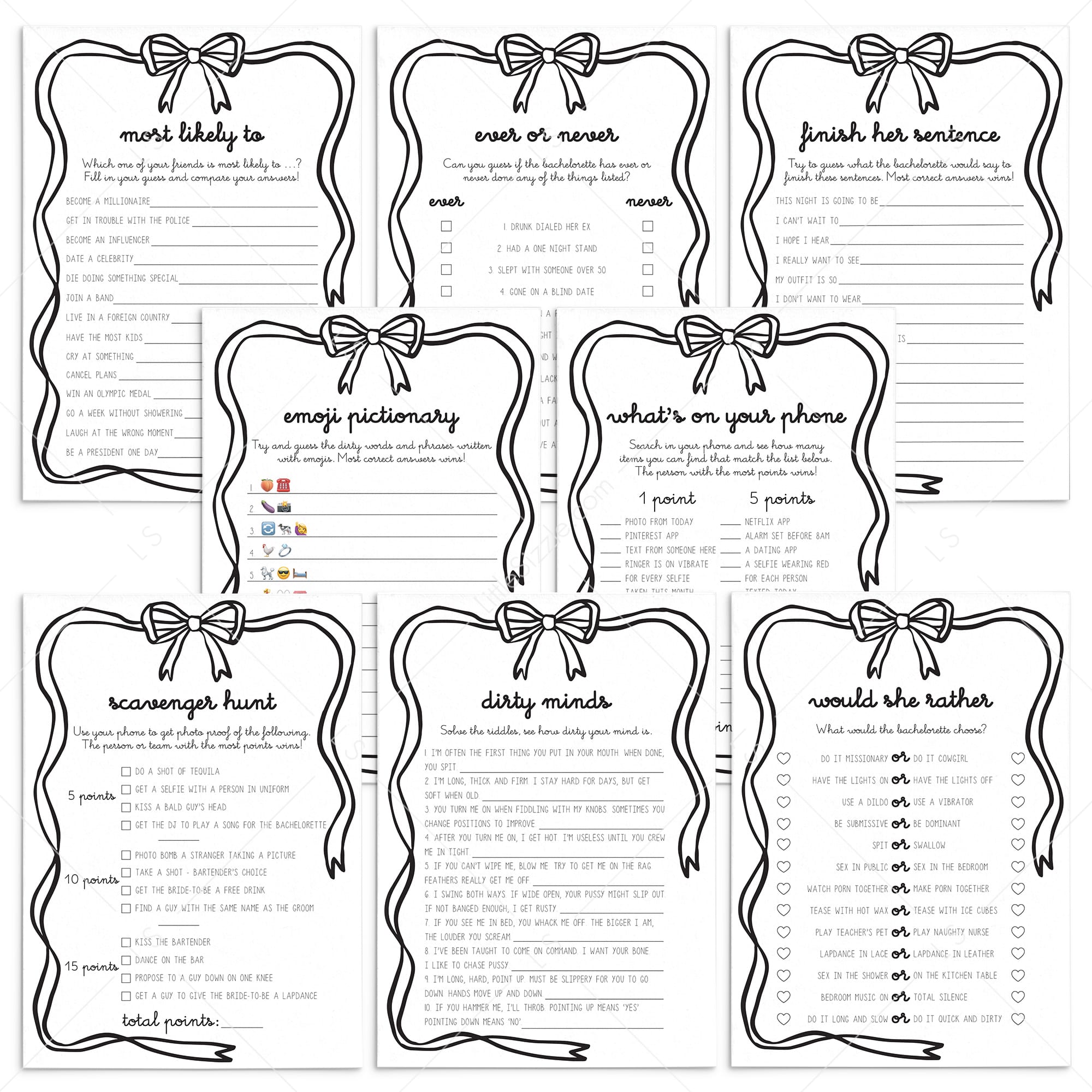 Bachelorette Games Black Bow Theme | Hen Do Party | Hens Night Games by LittleSizzle