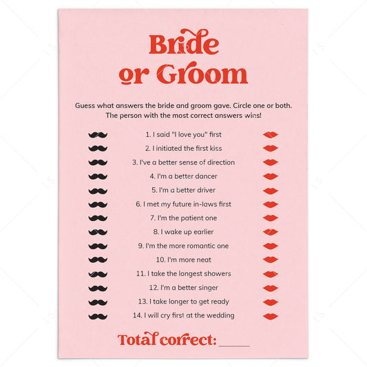 Bride or Groom Questions Pink and Red Bridal Shower Game by LittleSizzle