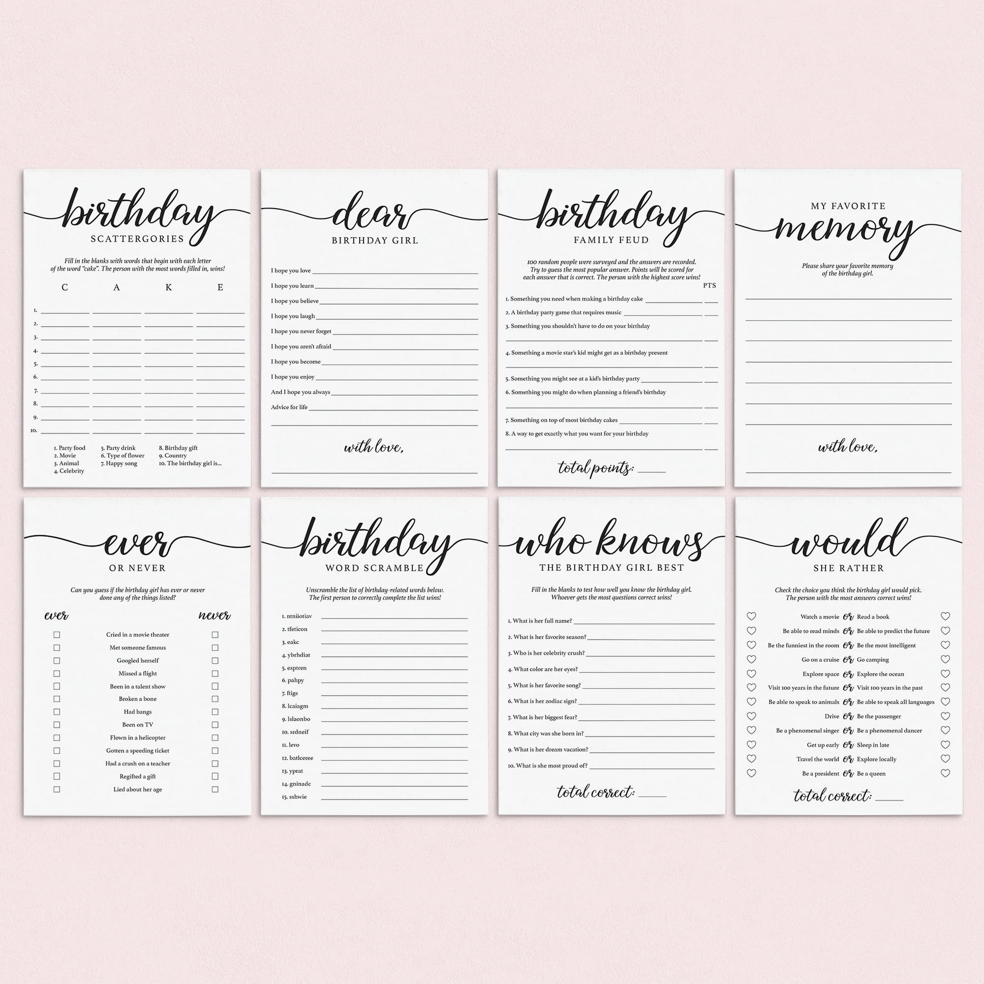 8 Birthday Party Games for Women Printable by LittleSizzle