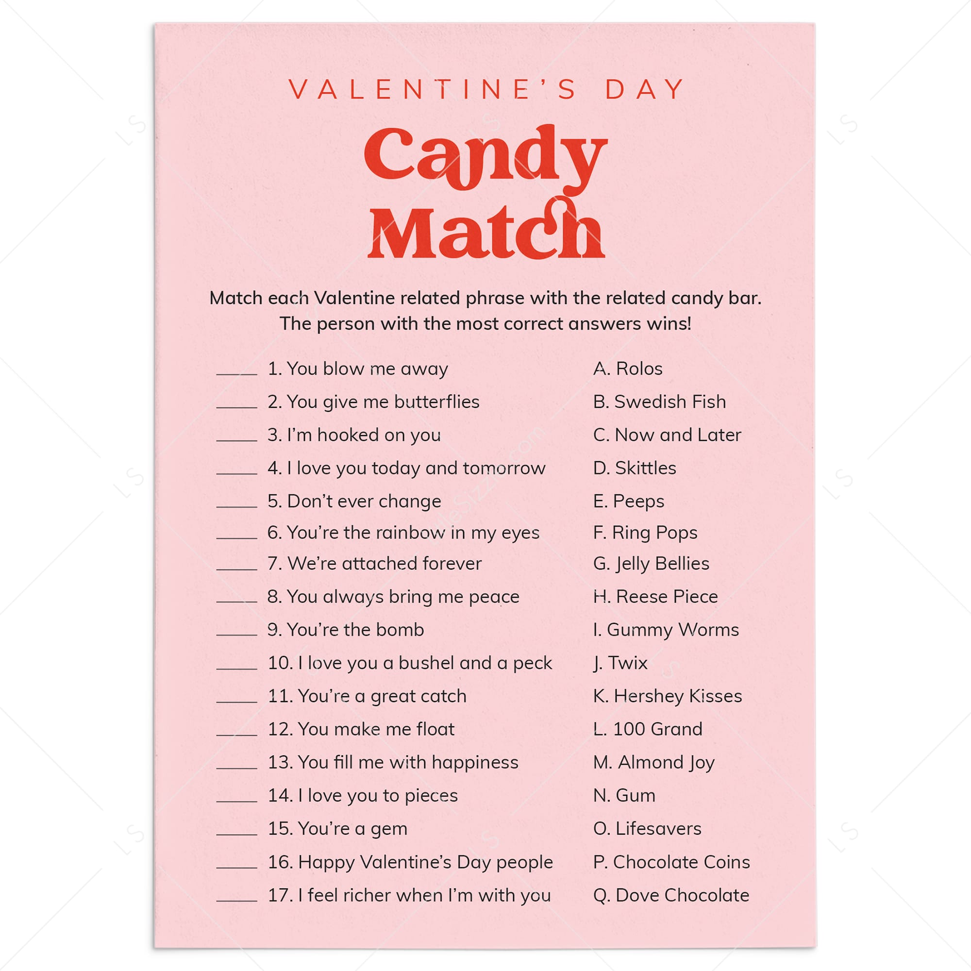 Valentine's Day Candy Match Game with Answer Key Digital Download by LittleSizzle