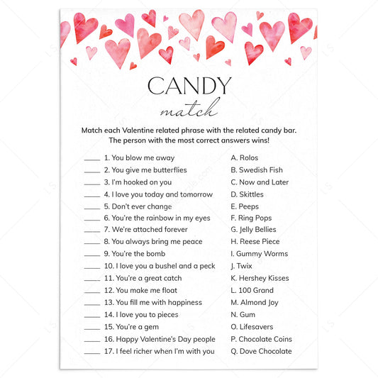 Valentine Candy Match with Answers PDF Digital Download by LittleSizzle