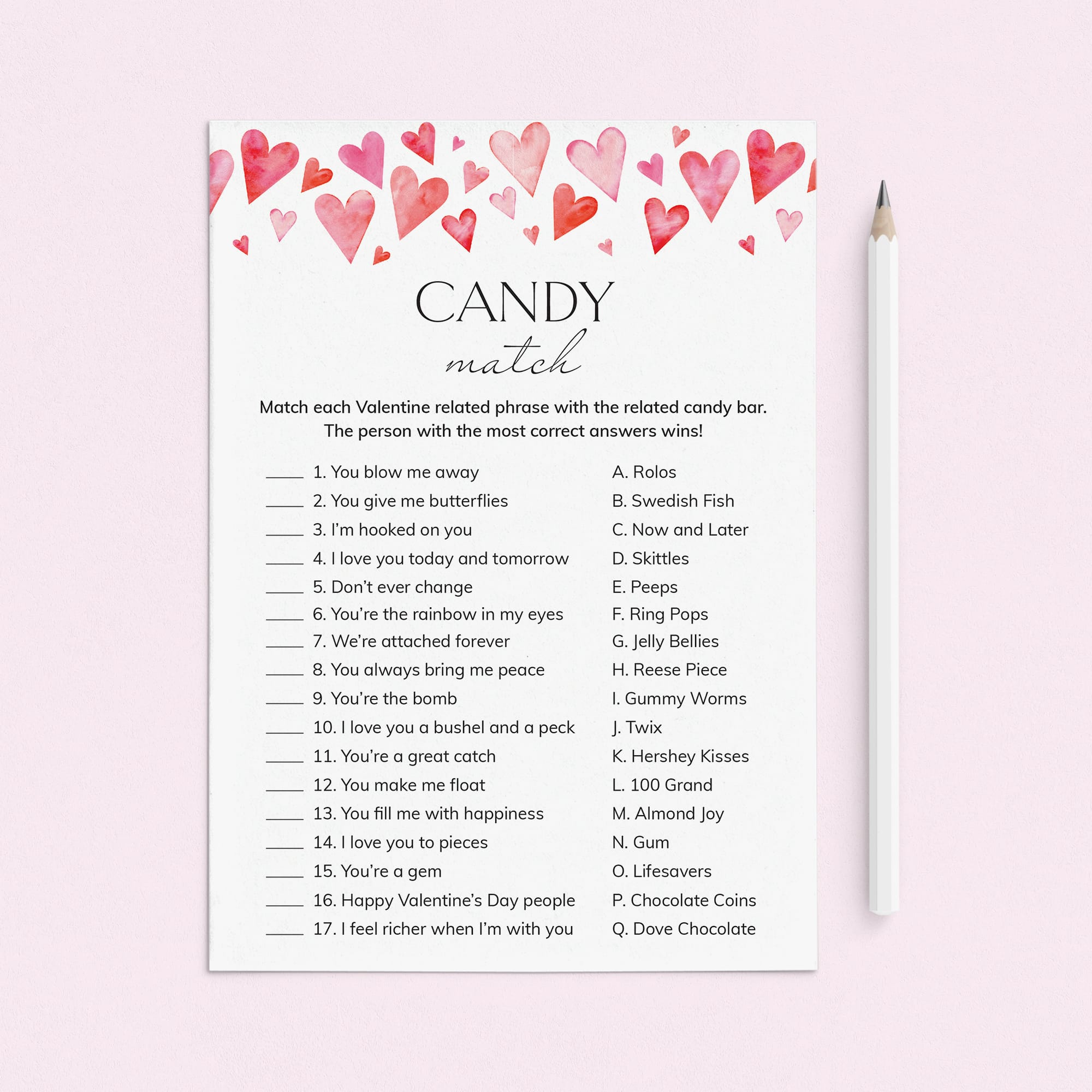 Valentine Candy Match with Answers PDF Digital Download by LittleSizzle