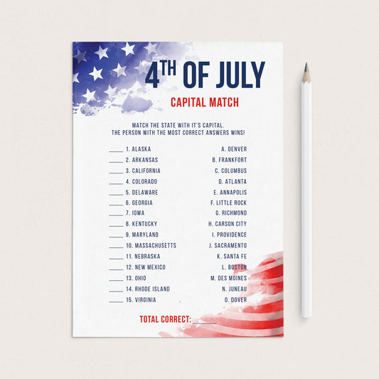 4th of July USA Capitals Game with Answer Key