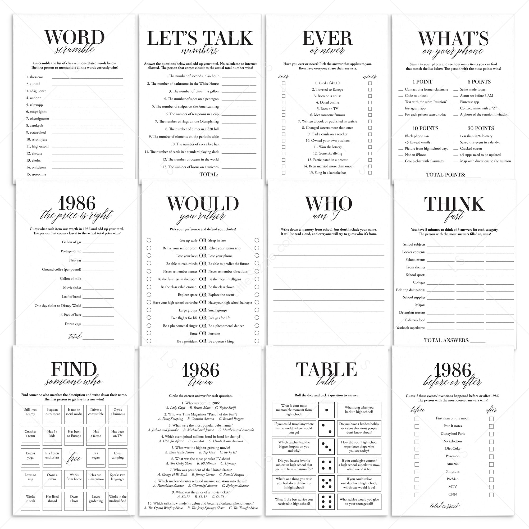 40th Class Reunion Games Printable Class of 1986 High School Reunion by Littlesizzle