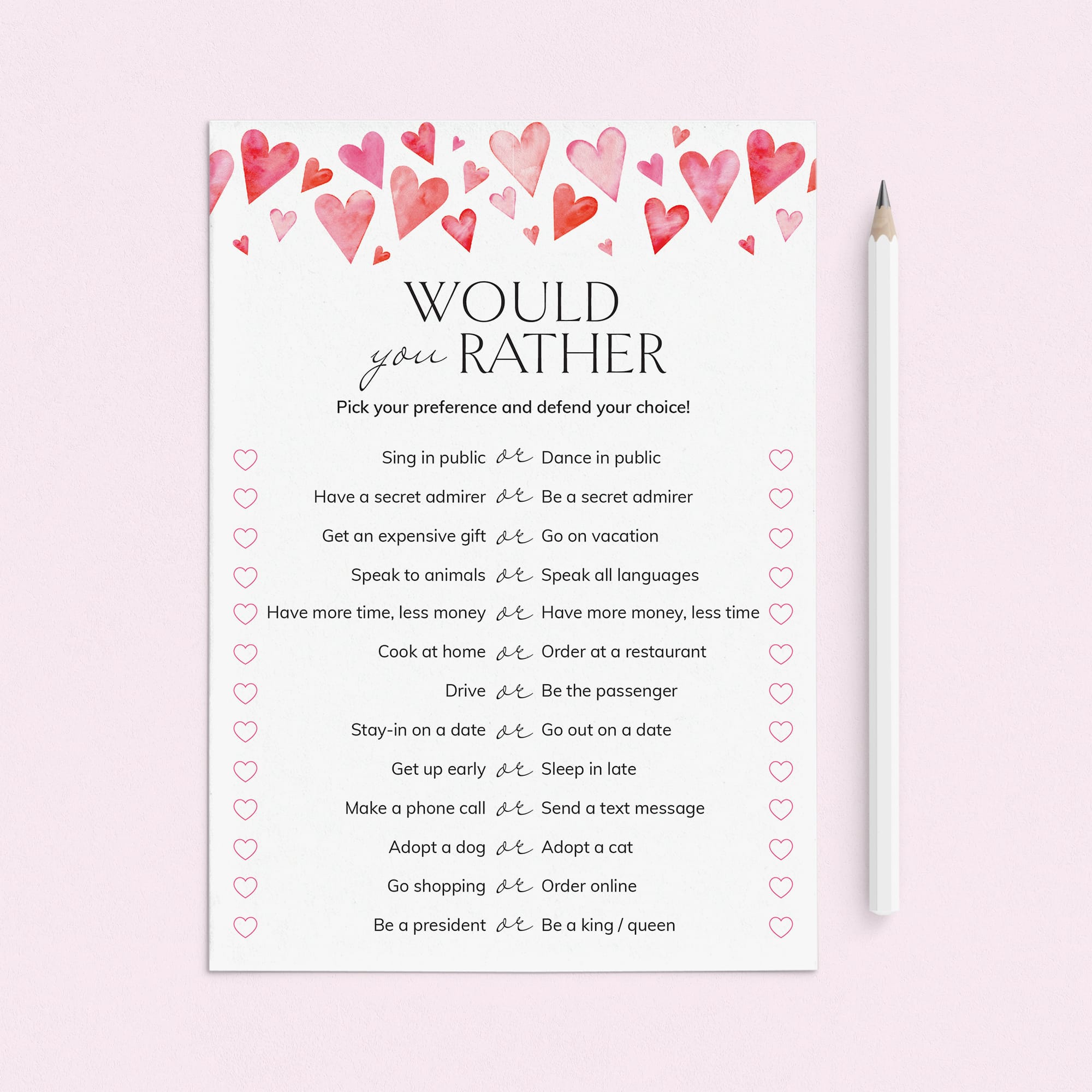 Would You Rather for Couples Game Printable by LittleSizzle