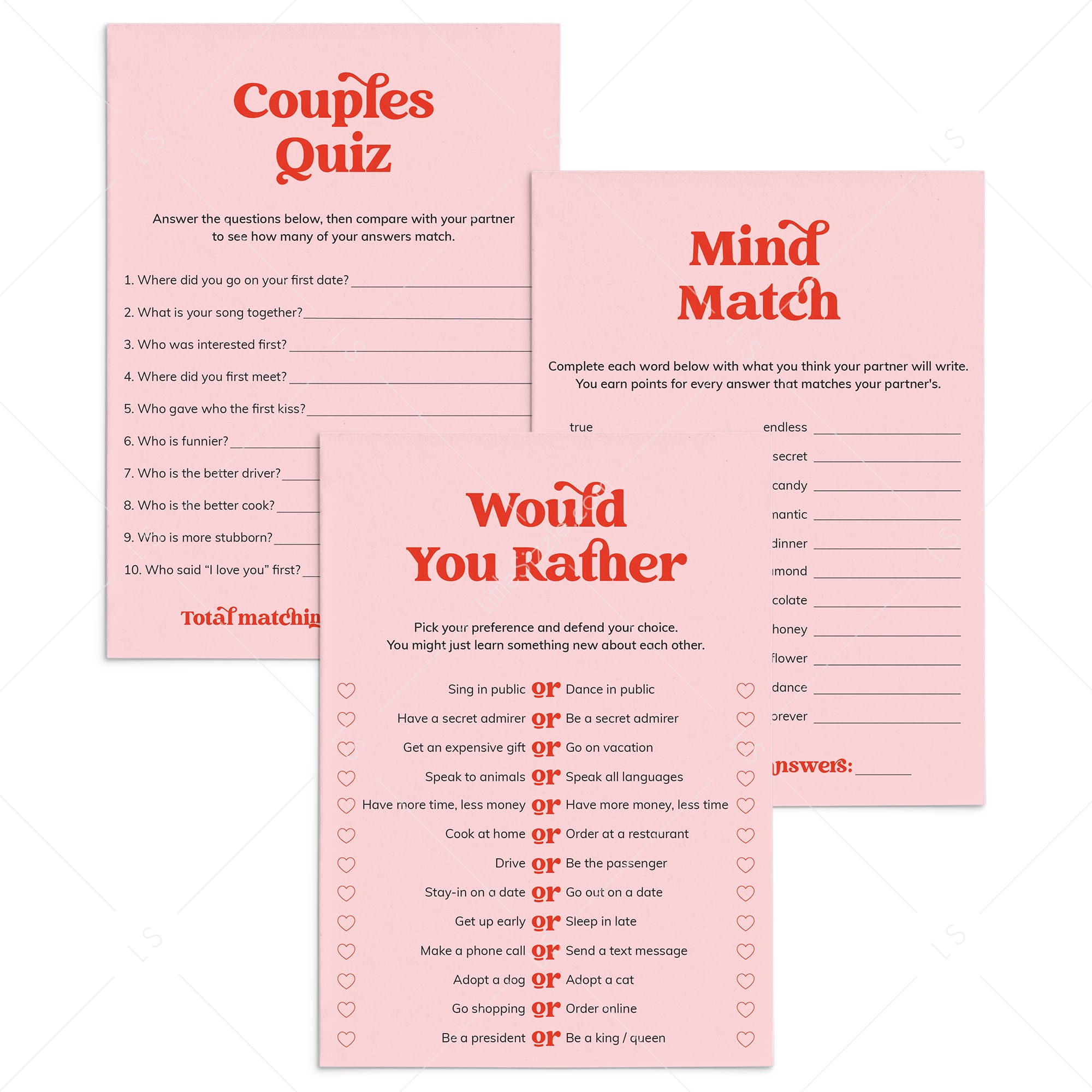 Pink Red Couples Games Printable Date Night Games by LittleSizzle
