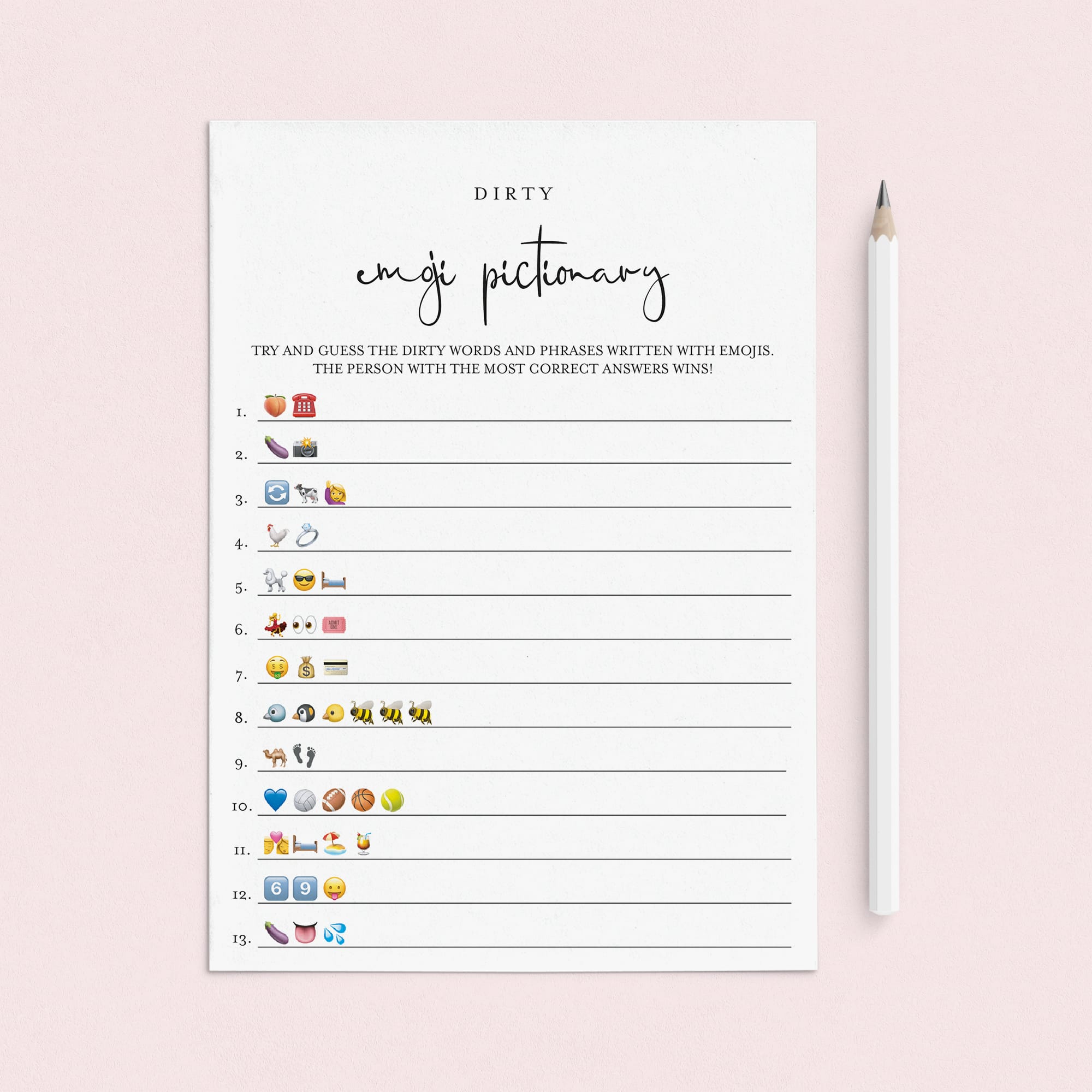 Dirty Emoji Pictionary Game With Answers Printable by LittleSizzle