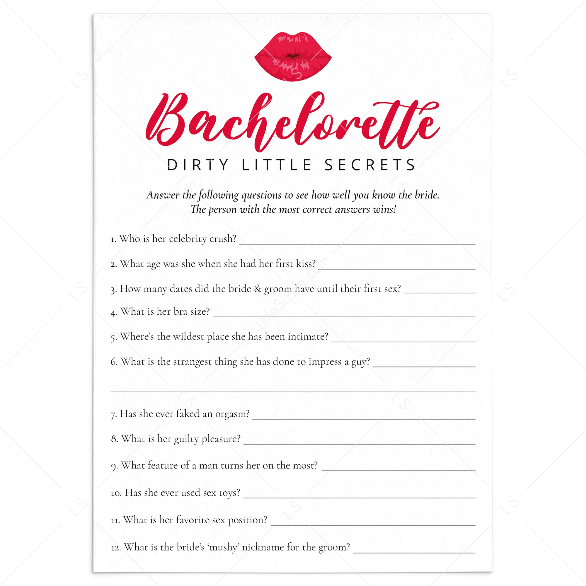 Dirty Little Secrets Bachelorette Party Game Printable by LittleSizzle