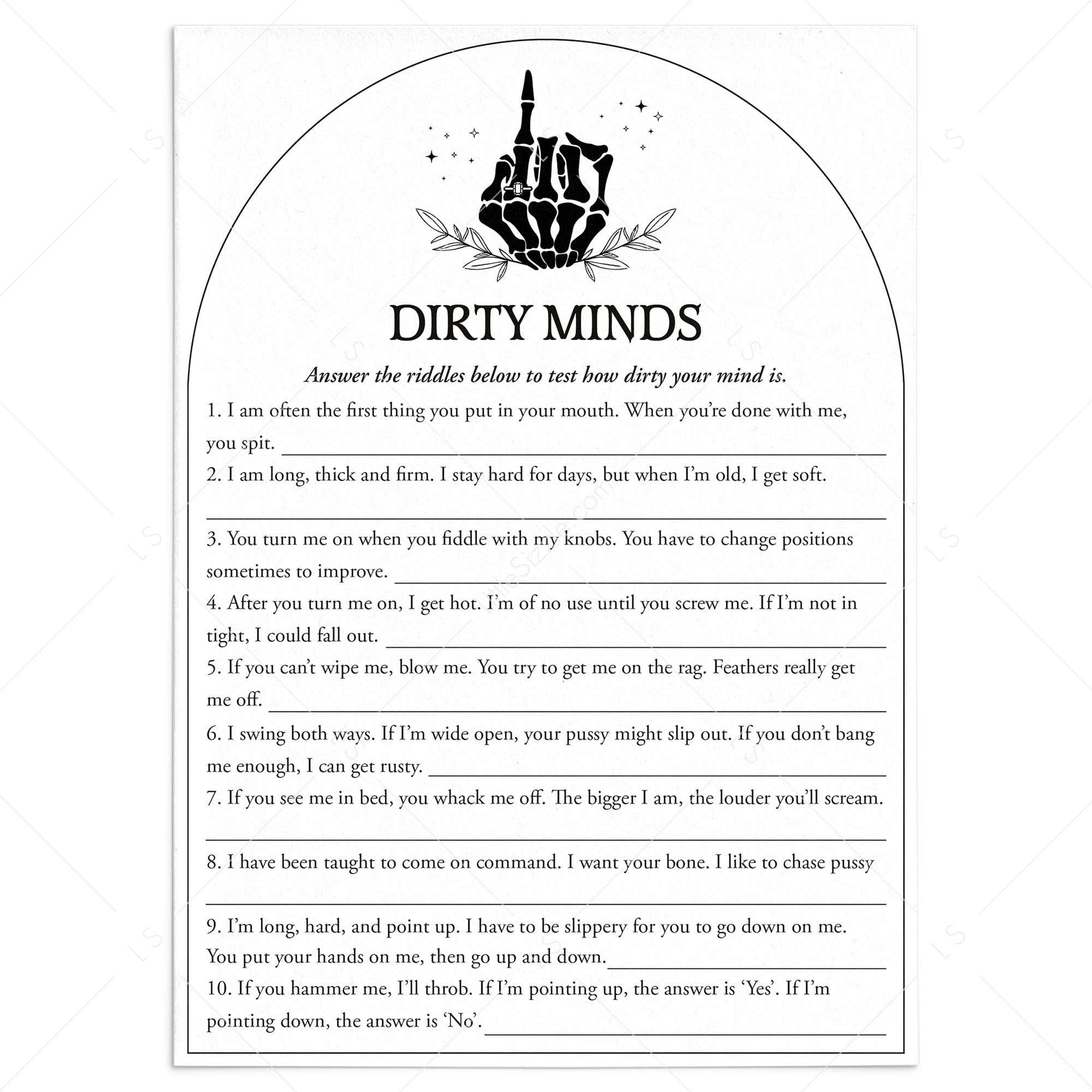 Printable Dirty Minds Game with Answer Key Bride or Die Party by LittleSizzle