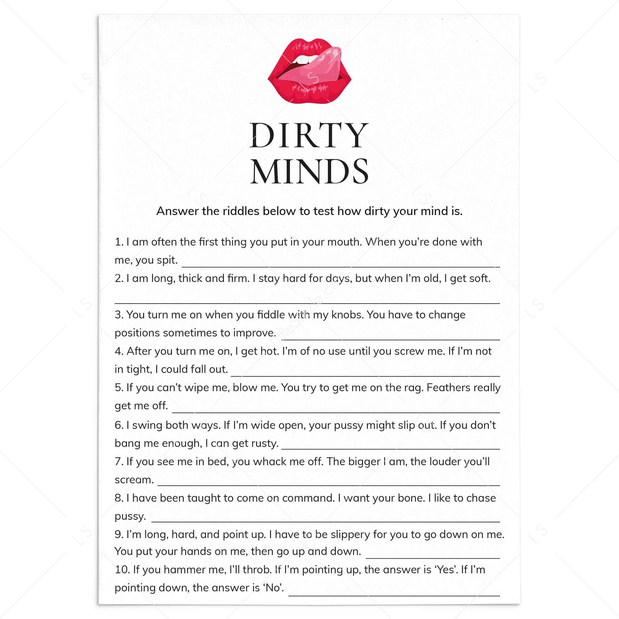 Dirty Mind Game Questions and Answers Printable by LittleSizzle