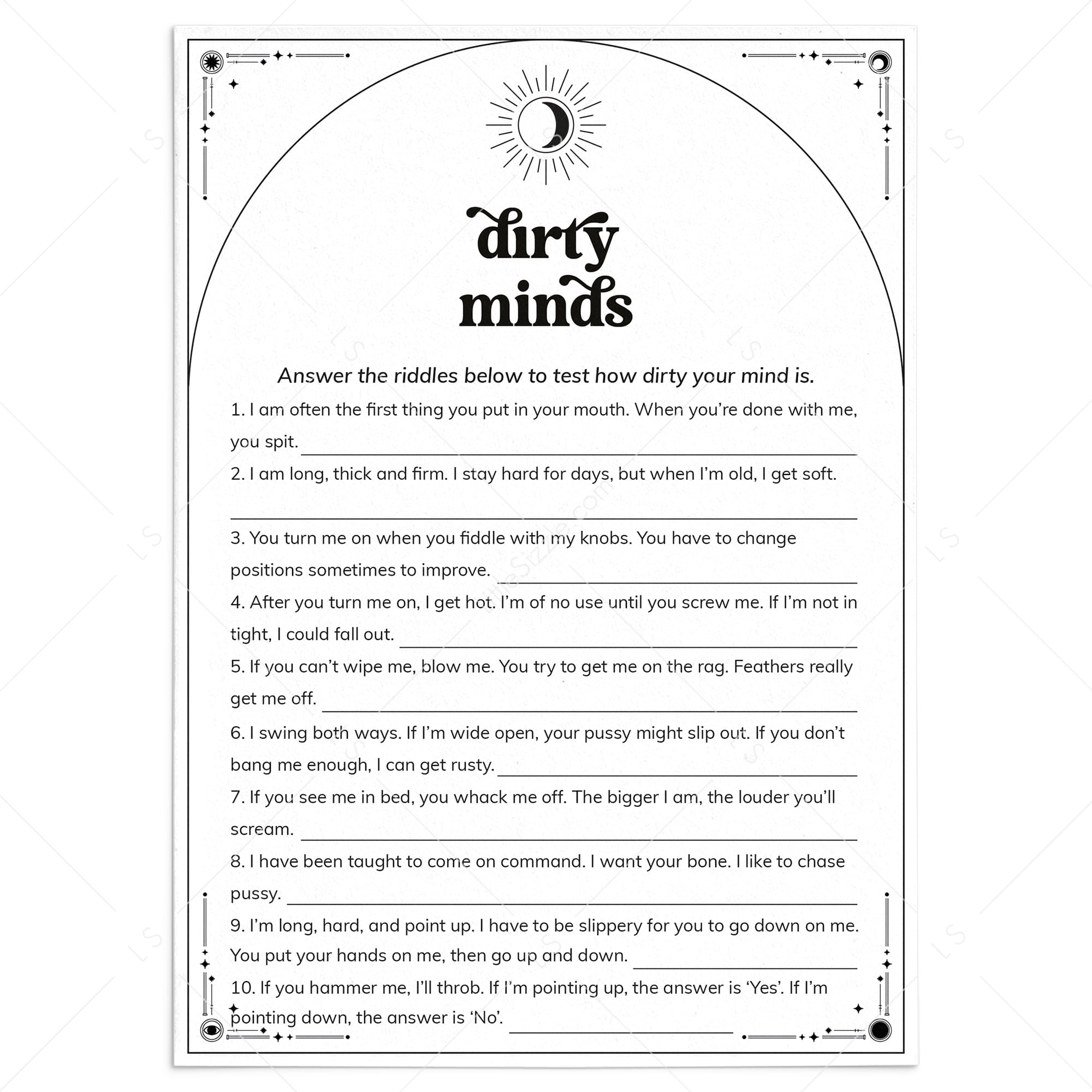 Dirty Minds Game of Naughty Clues with Answers Printable by LittleSizzle