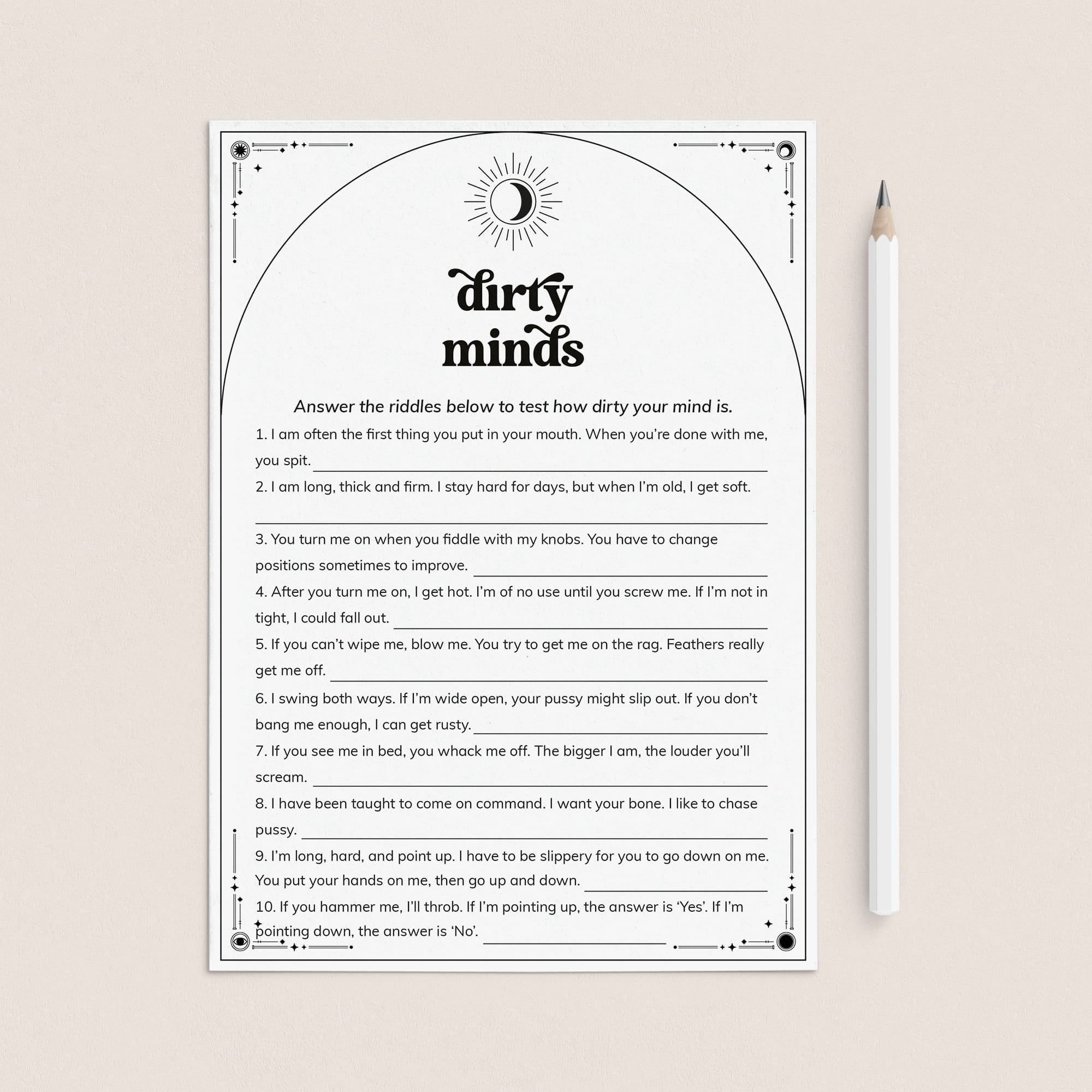 Dirty Minds Game of Naughty Clues with Answers Printable by LittleSizzle