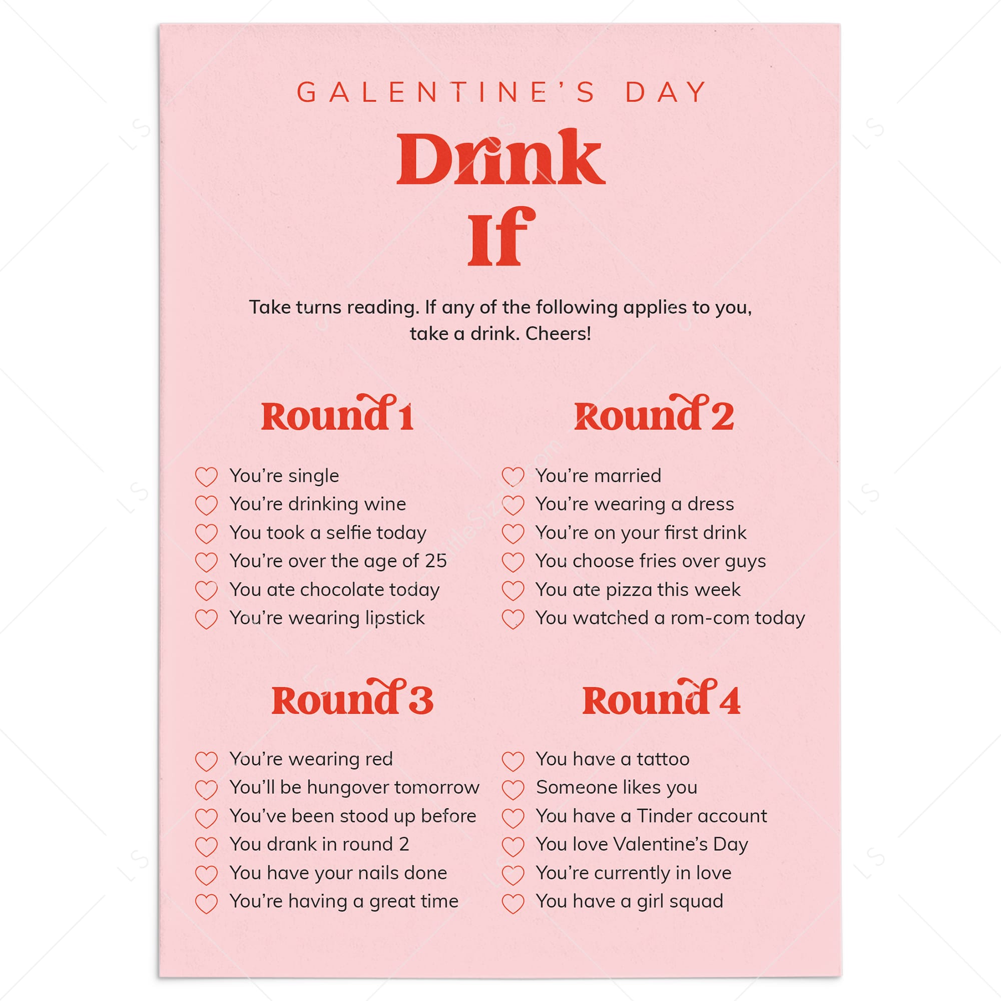 Galentines Game Drink If Printable Pink and Red by LittleSizzle