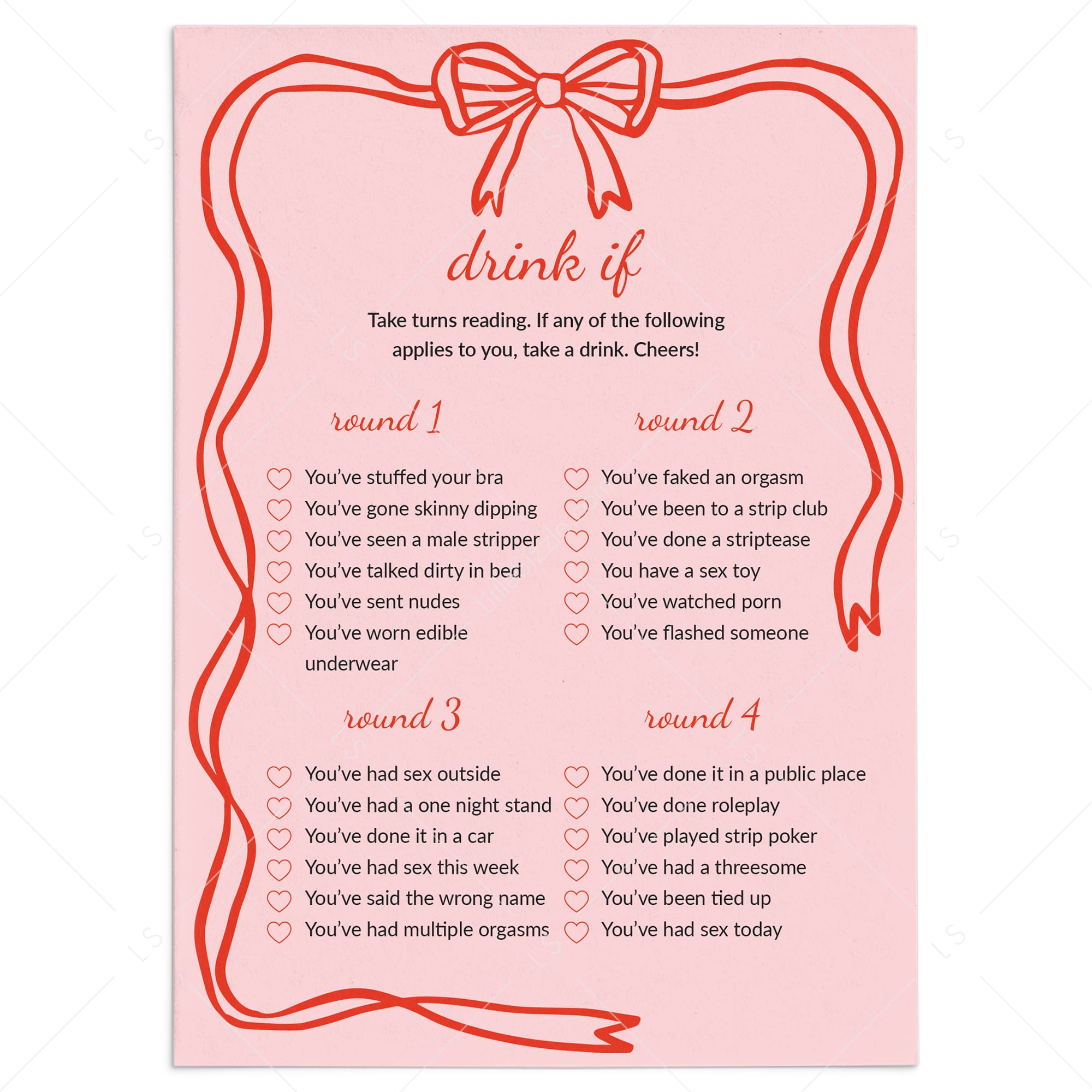 Fun Bachelorette Drink If Game Coquette Theme by LittleSizzle