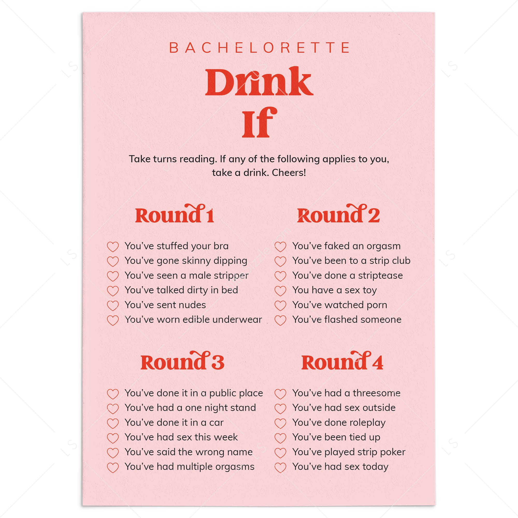 Bachelorette Party Drink If Printable Game Pink and Red by LittleSizzle