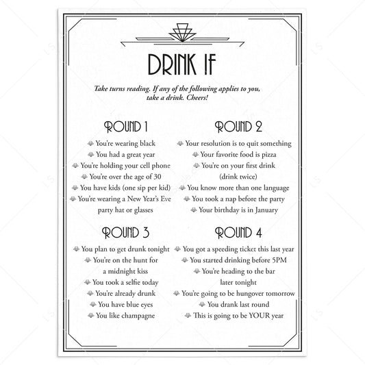 Gatsby New Year's Eve Party Drinking Game Card Printable by LittleSizzle