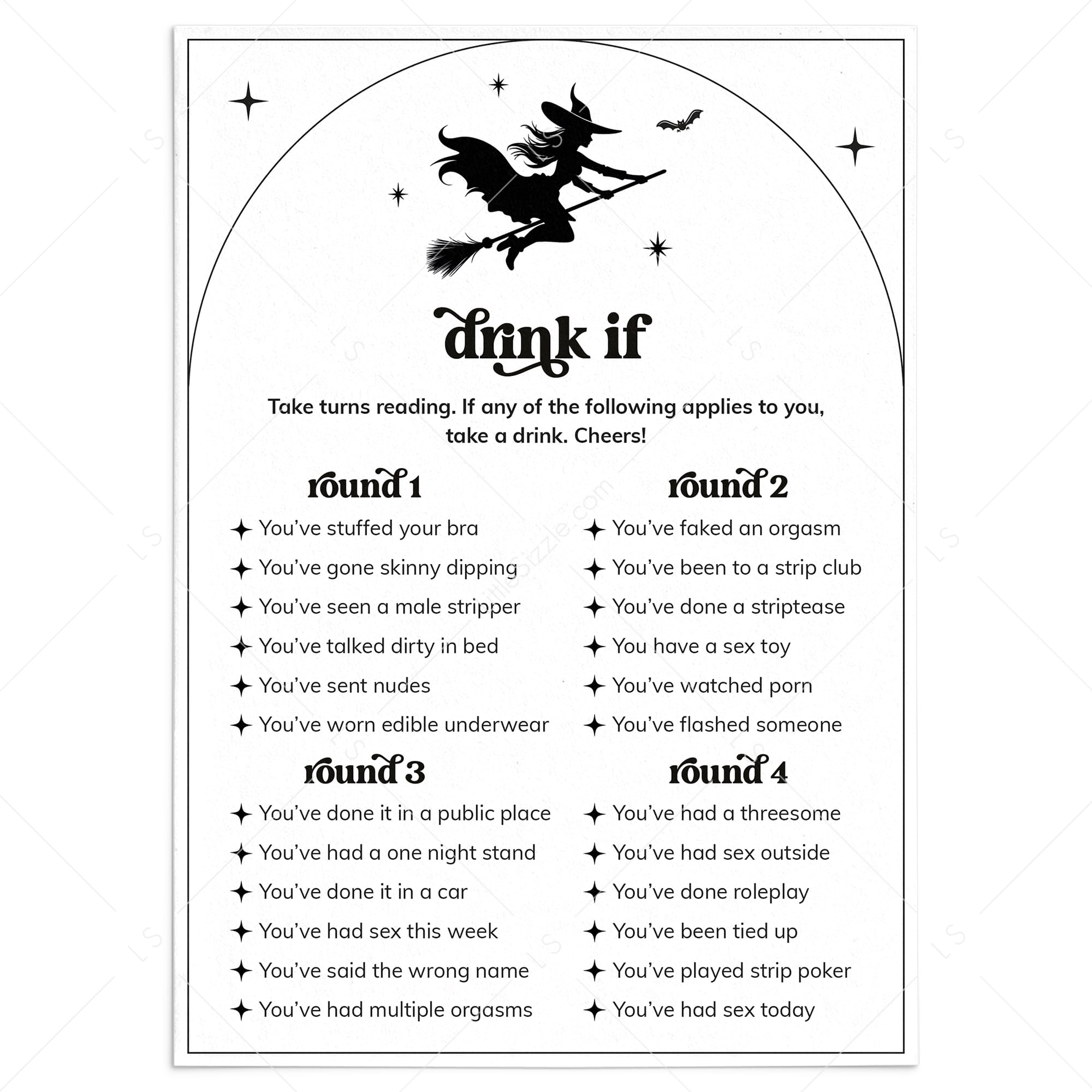 Let's Go Witches Bachelorette Party Drink If Game Card Printable by LittleSizzle