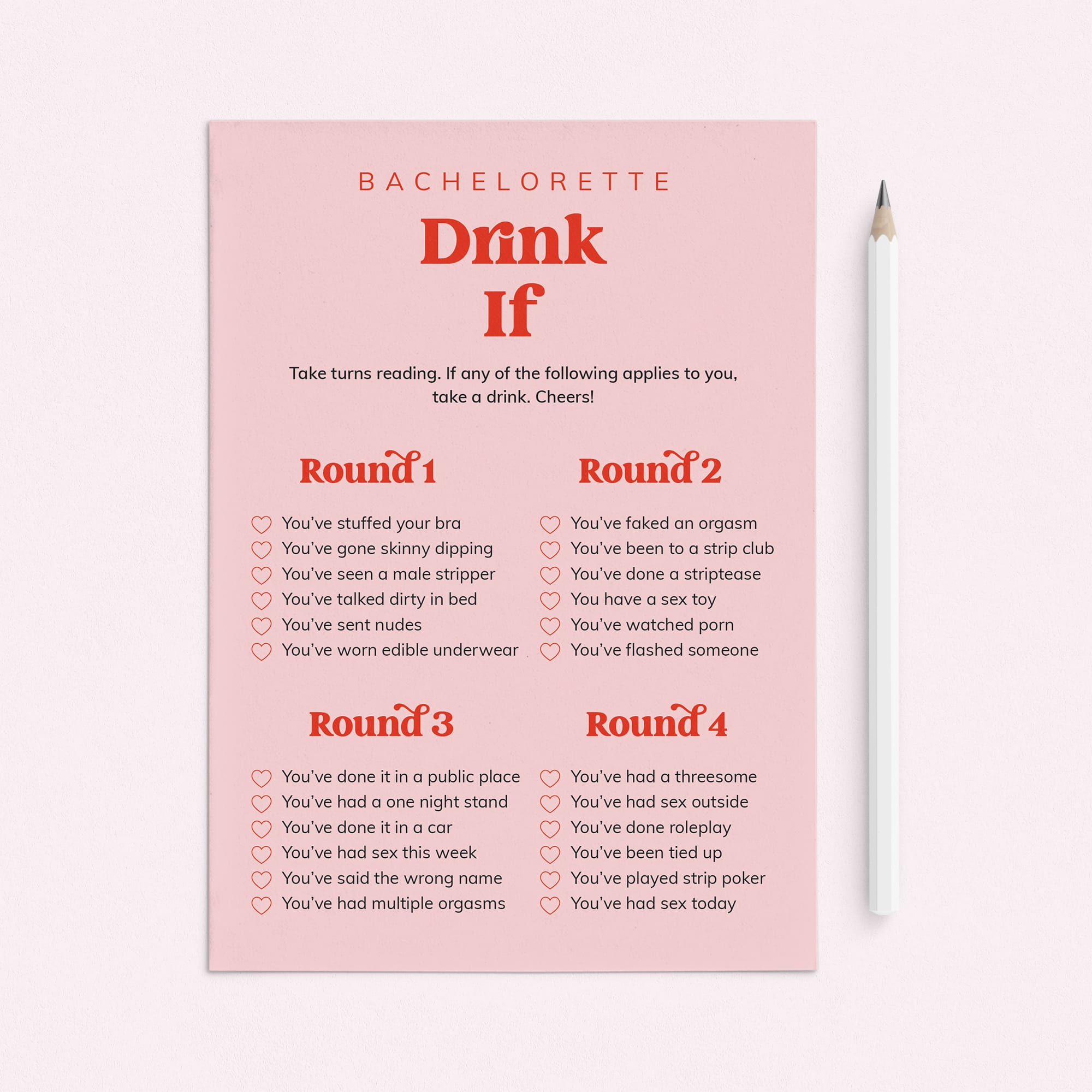 Bachelorette Party Drink If Printable Game Pink and Red by LittleSizzle