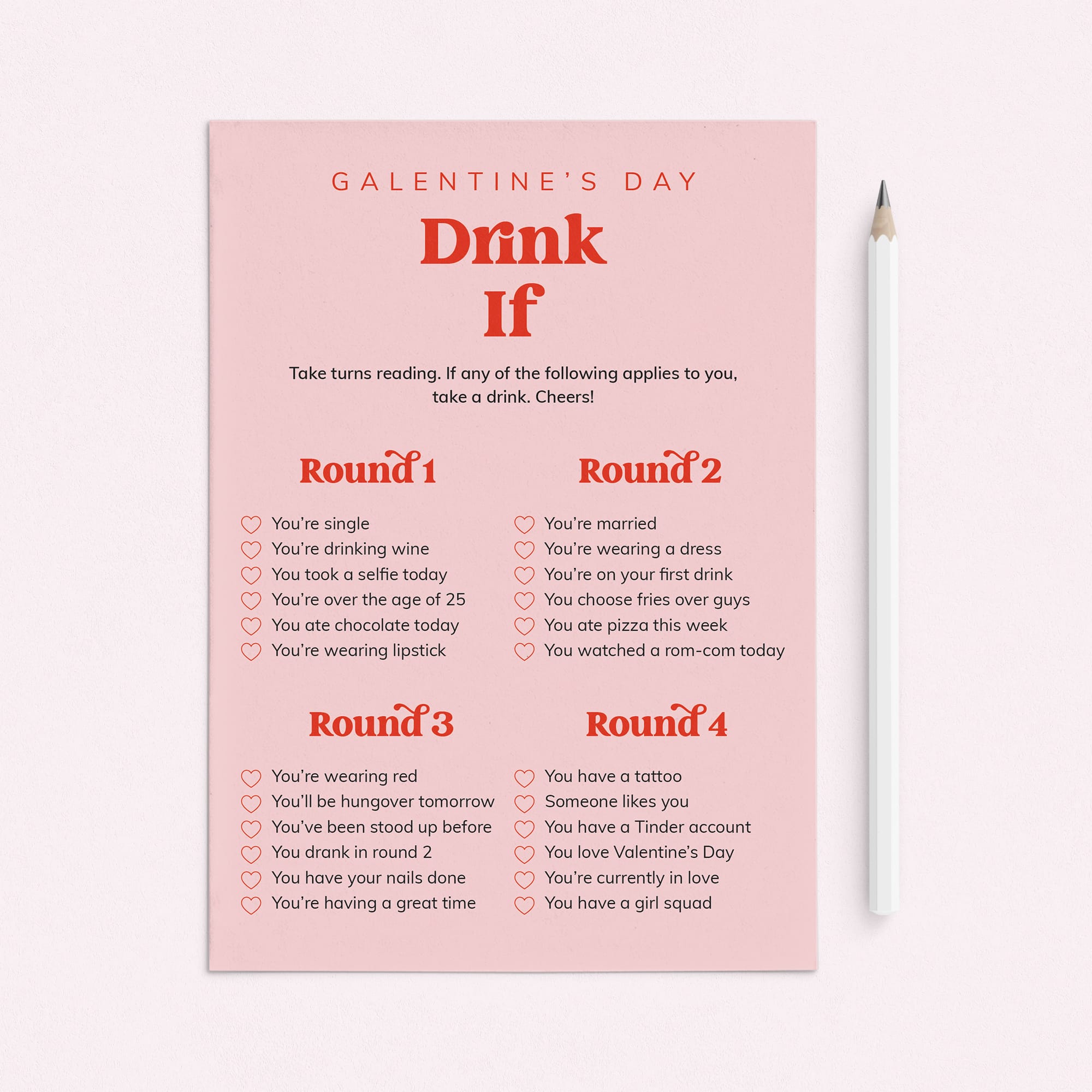 Galentines Game Drink If Printable Pink and Red by LittleSizzle