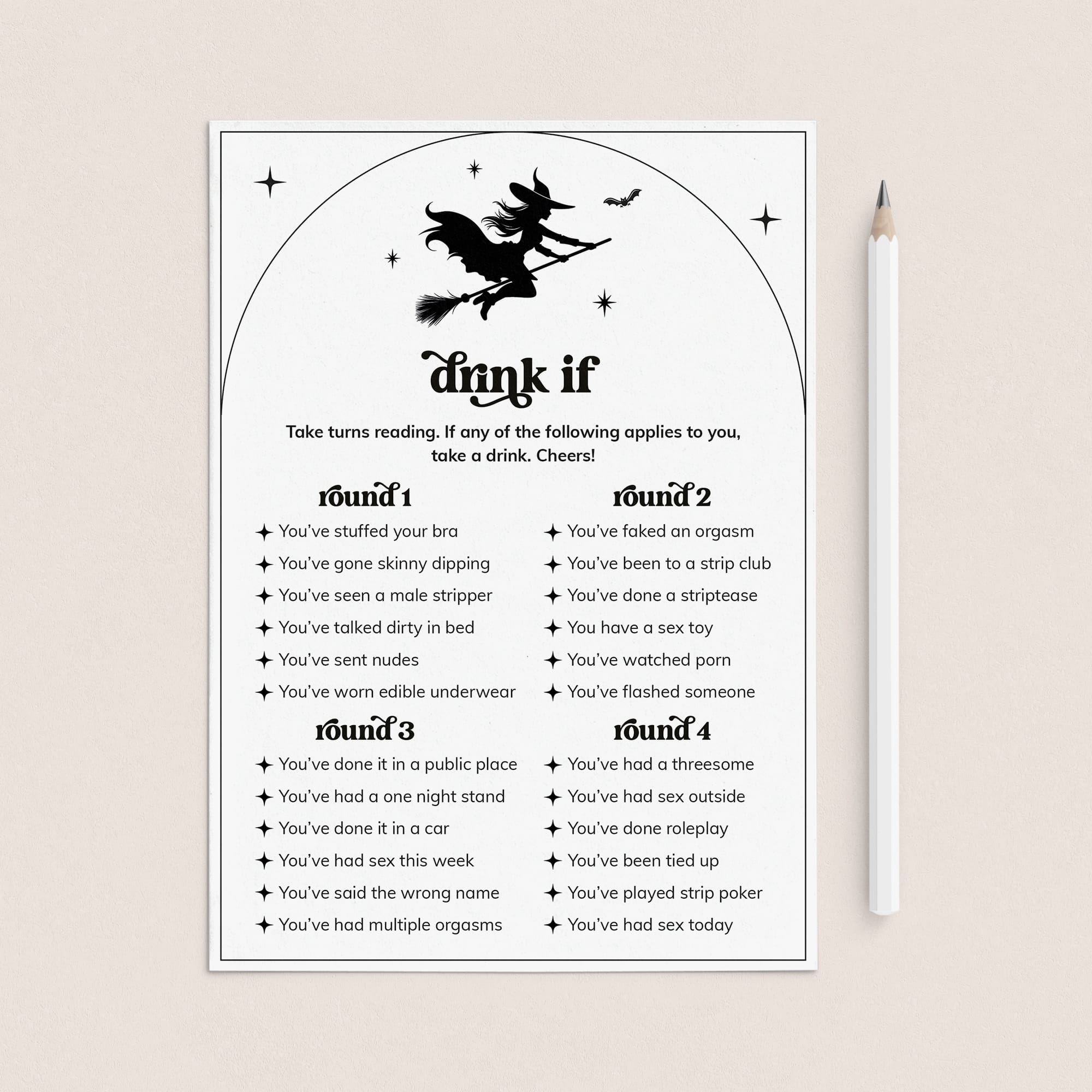 Let's Go Witches Bachelorette Party Drink If Game Card Printable by LittleSizzle