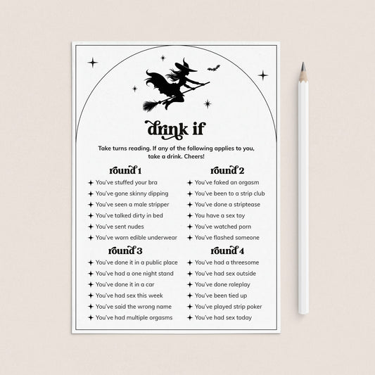 Let's Go Witches Bachelorette Party Drink If Game Card Printable by LittleSizzle