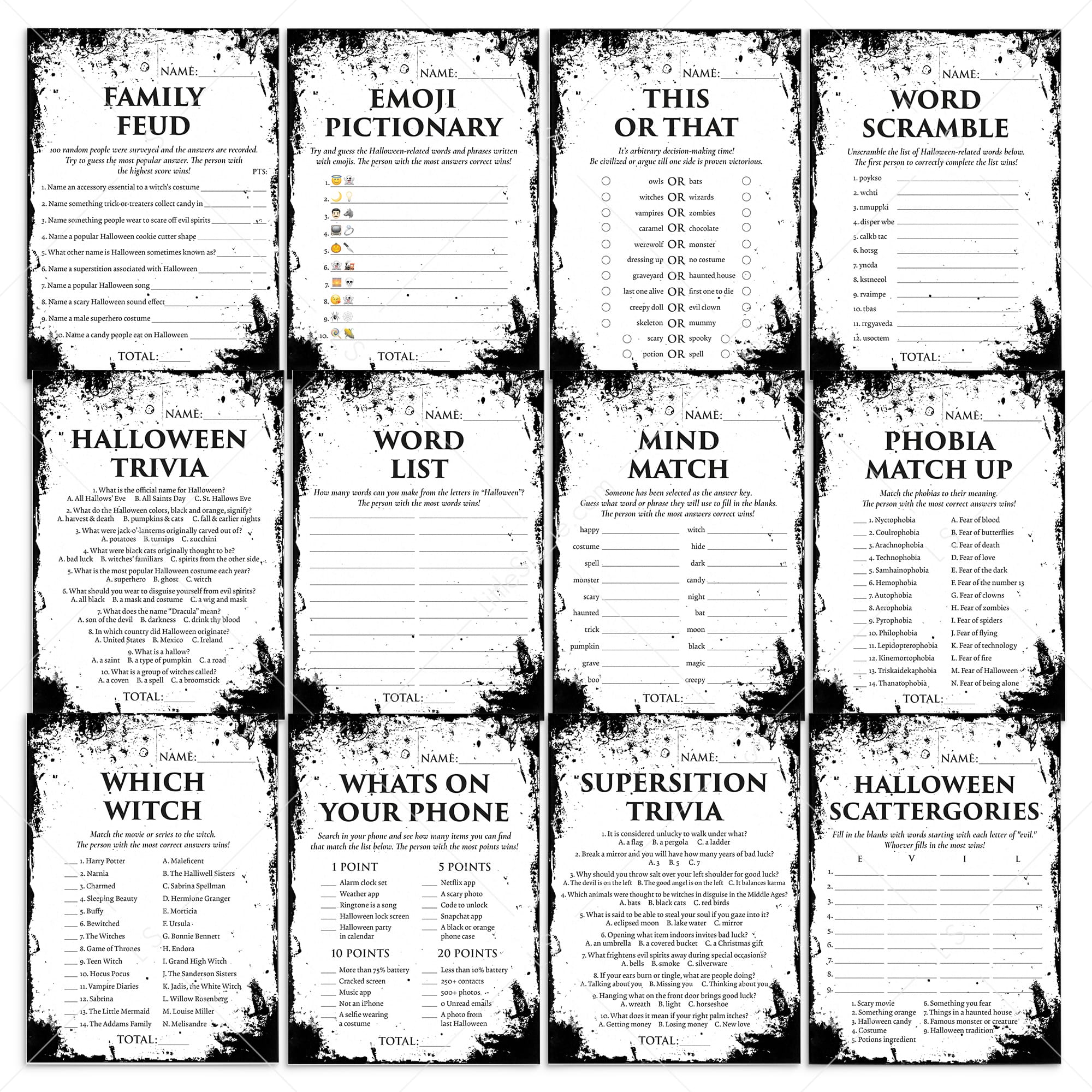 Eerie Grunge Halloween Party Games Bundle | 12 Printable Games by LittleSizzle