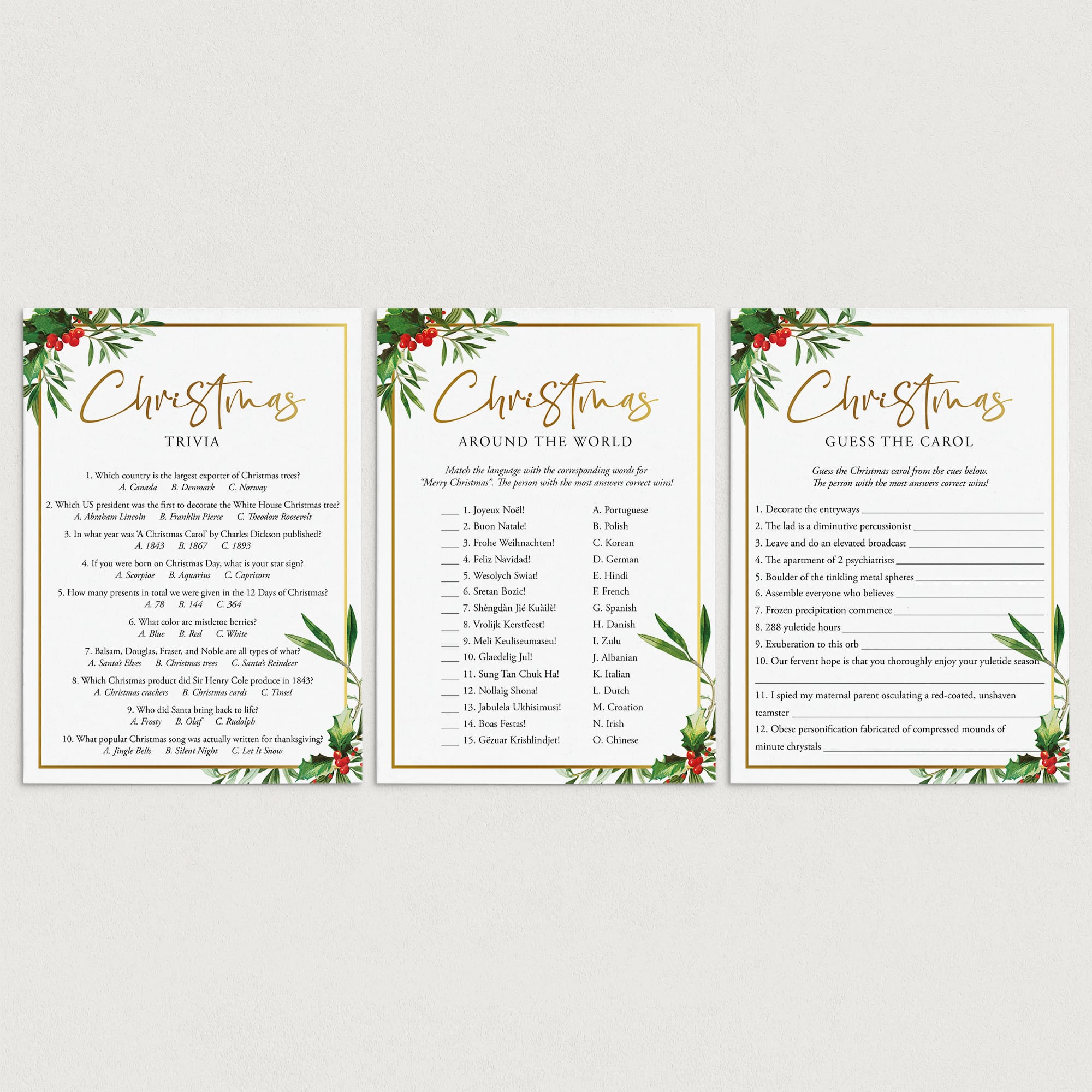 Christmas Dinner Party Trivia Games Printable by LittleSizzle