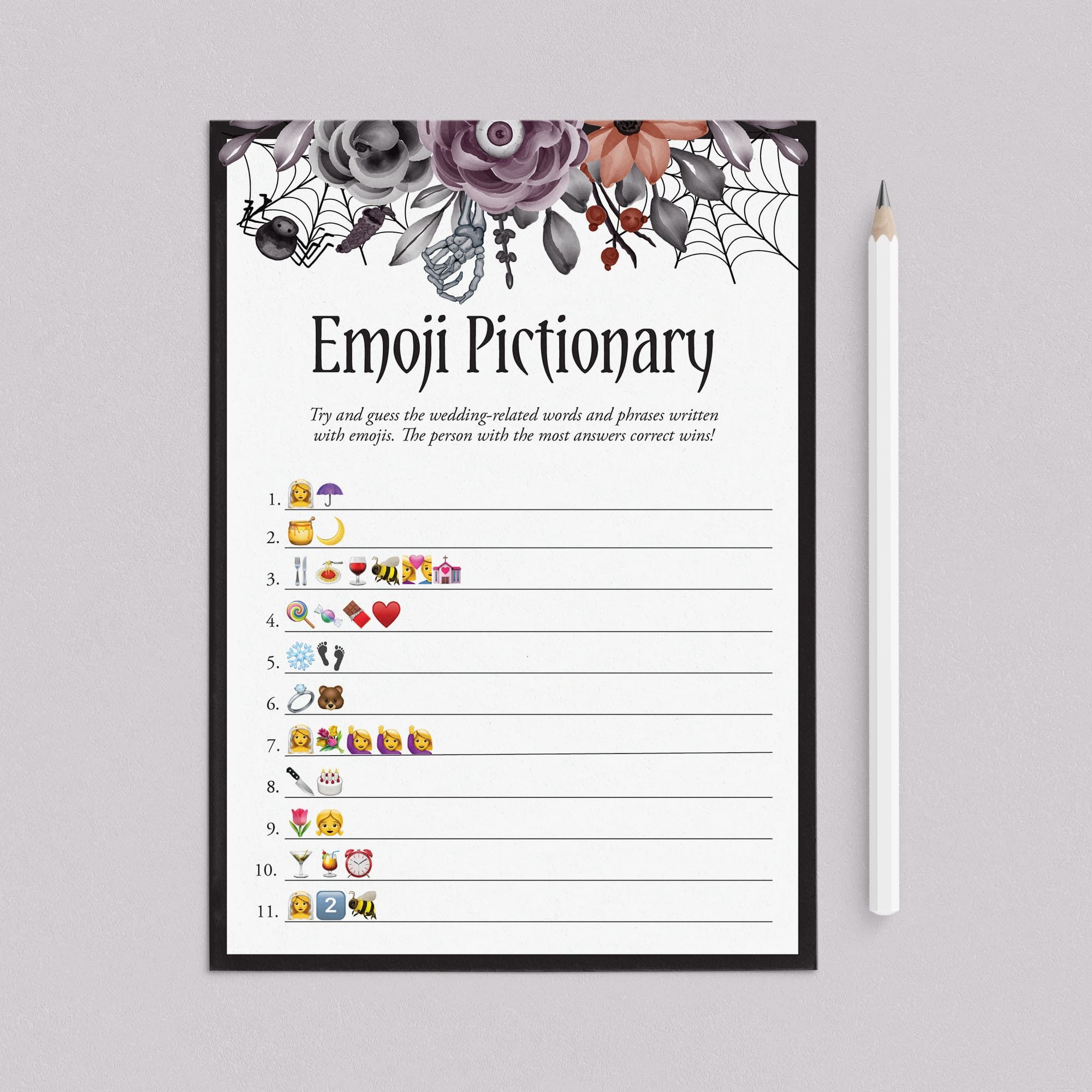Gothic Bridal Shower Game Emoji Pictionary with Answers Printable by LittleSizzle