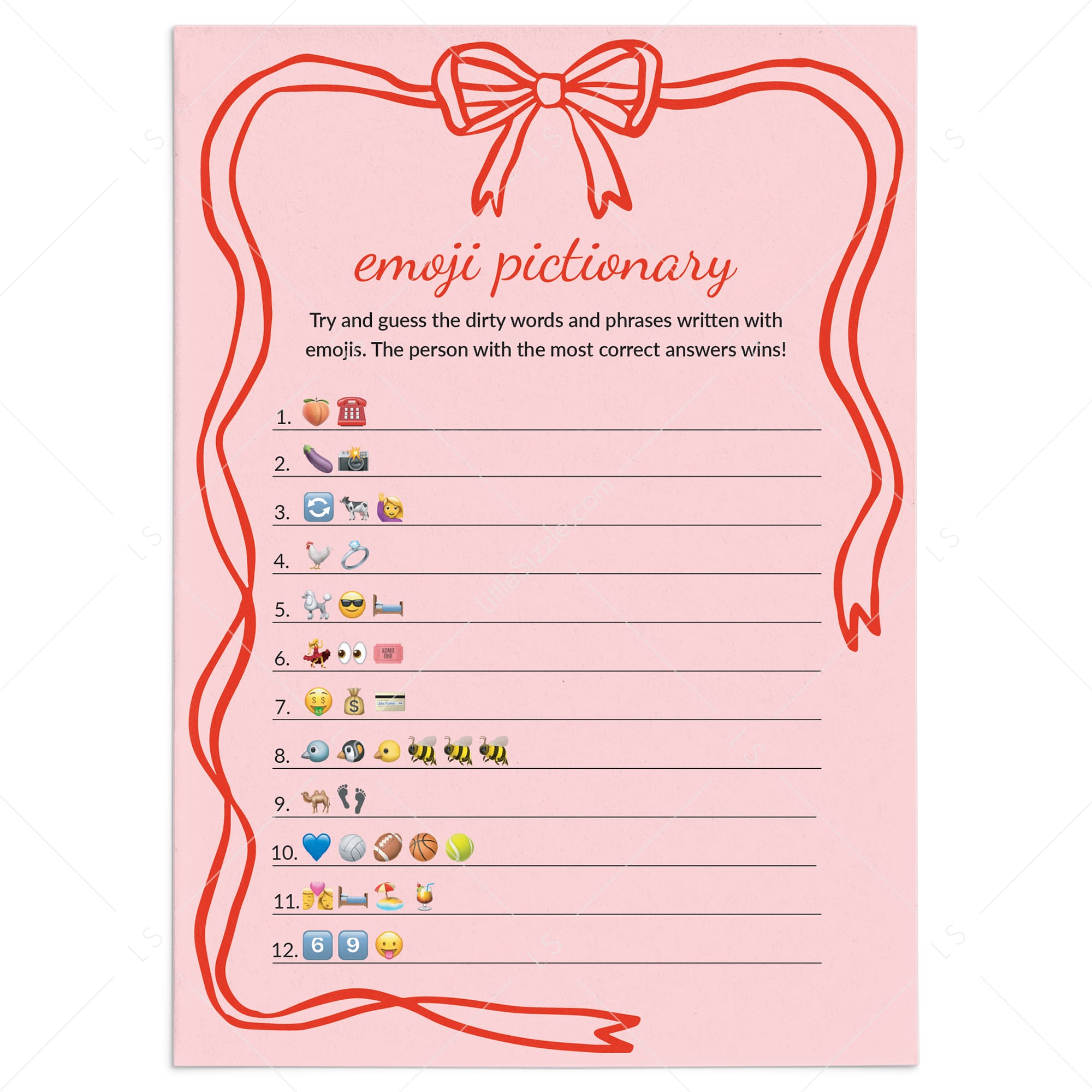 Dirty Emoji Pictionary Game Pink Bow Wavy Border by LittleSizzle