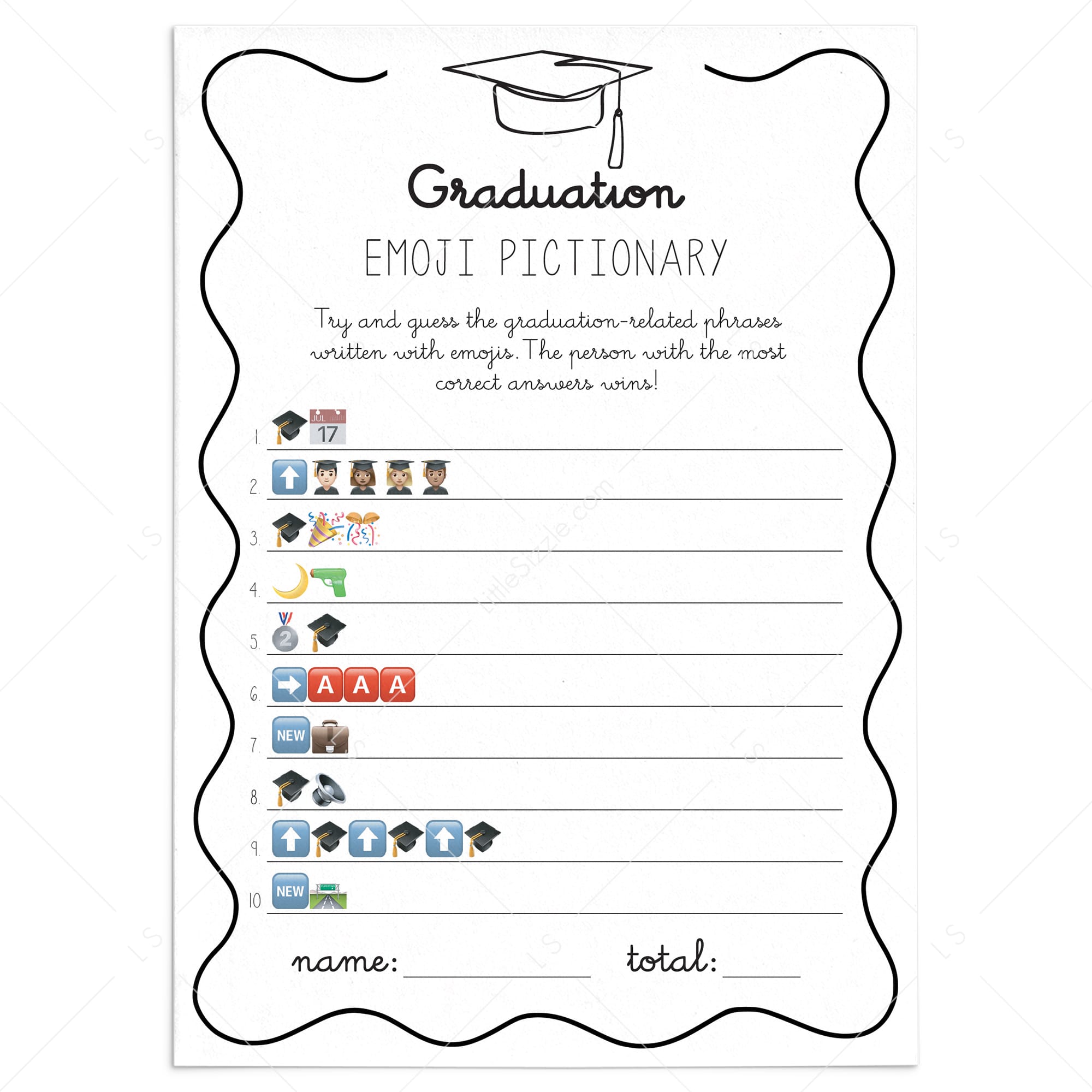 Graduation Emojis Game with Answers Printable Wavy Border by LittleSizzle